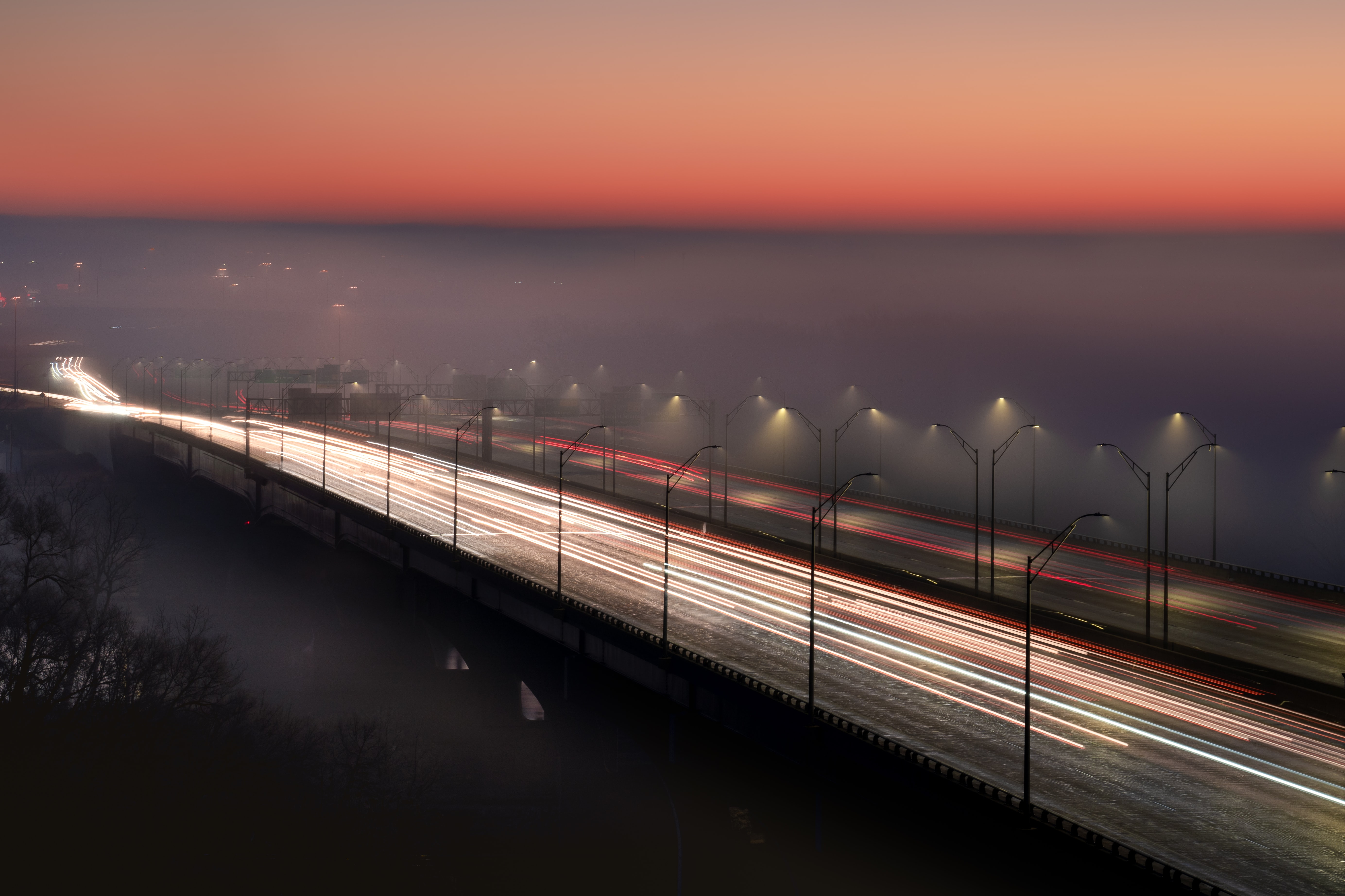 dusk, twilight, lights, miscellanea, miscellaneous, road, fog, bridge 4K Ultra