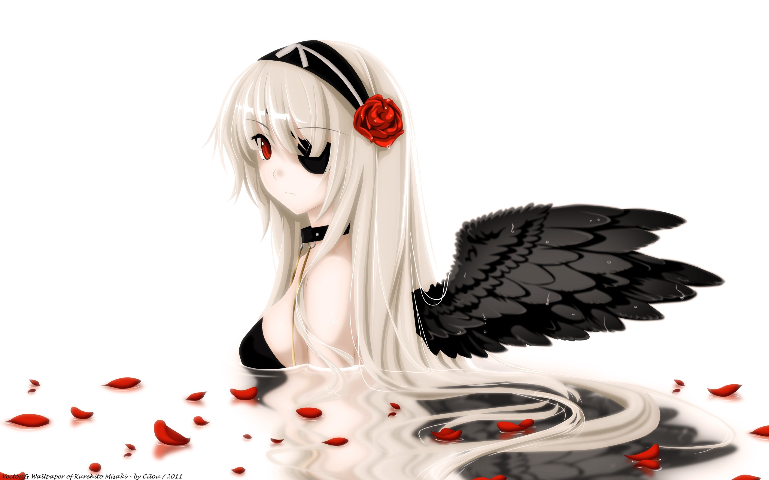anime, angel, eye patch, petal, rose, wings images
