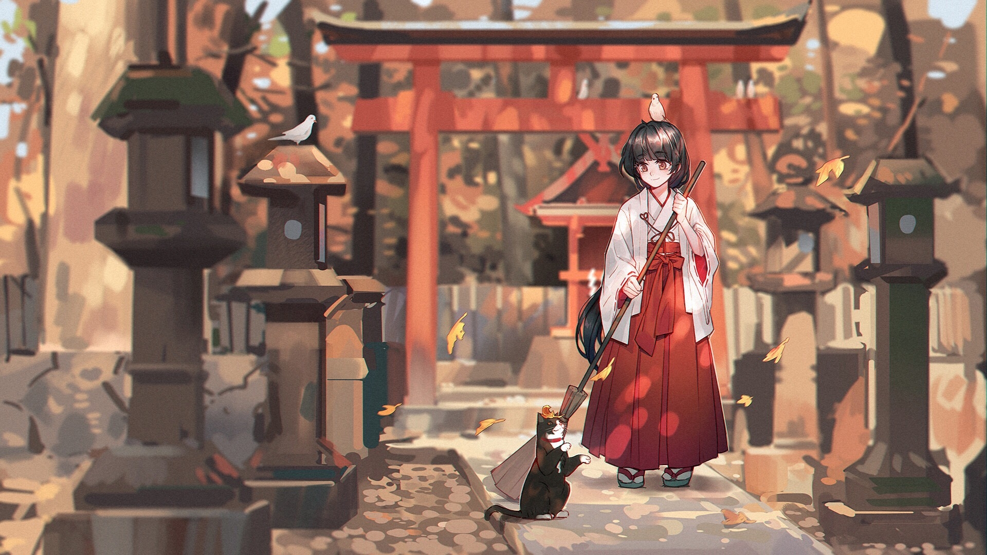 anime, original, cat, kimono, shrine maiden, shrine 1080p