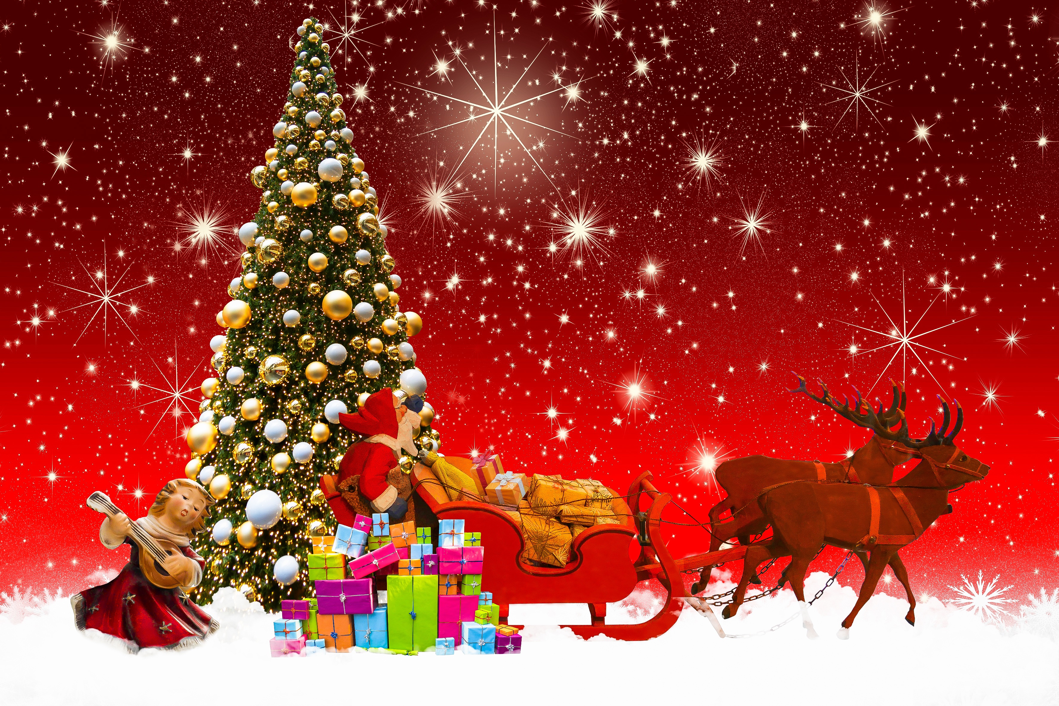 holiday, christmas, christmas tree, figurine, gift, reindeer, santa, sled, snow, stars