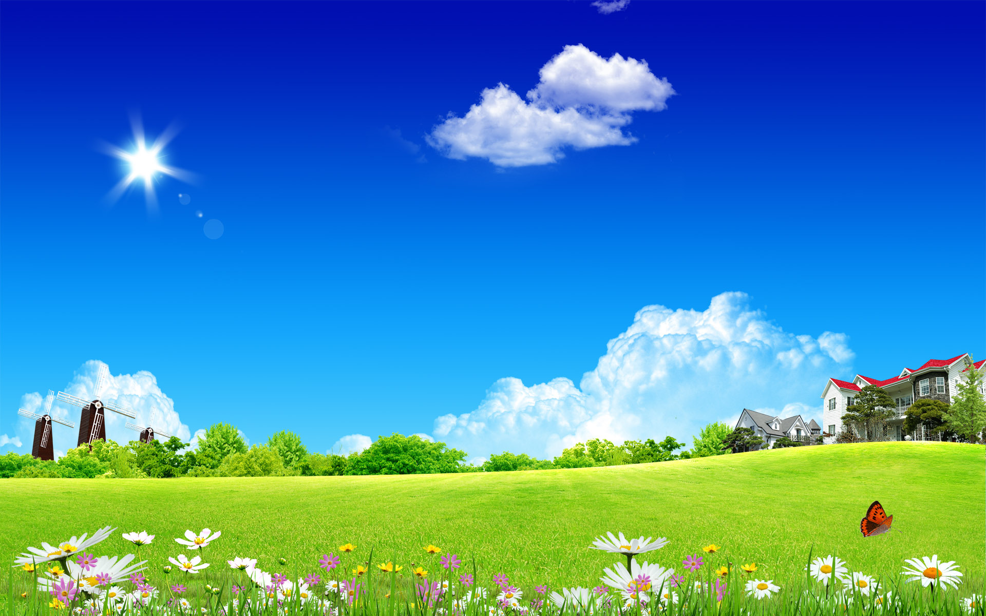 sky, grass, background, landscape, blue, clouds lock screen backgrounds