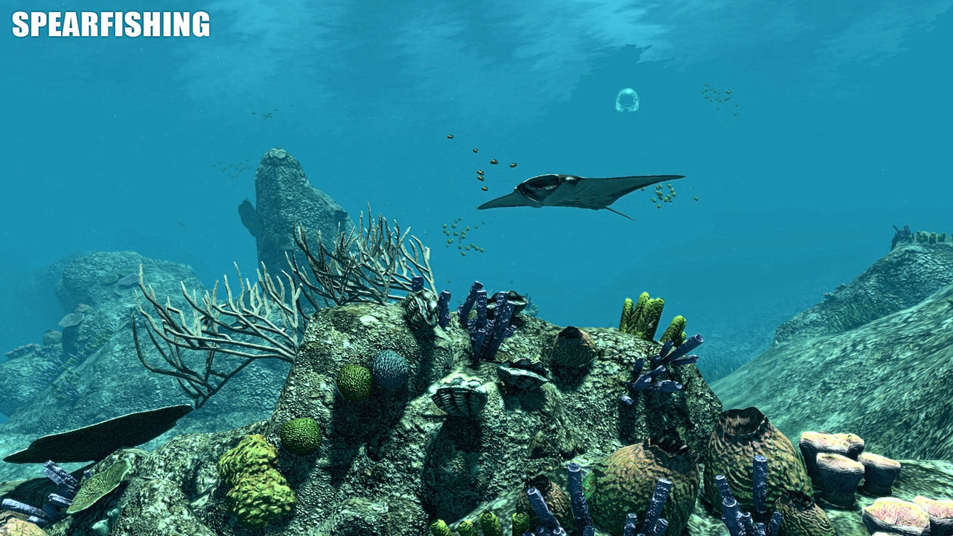 video game, spearfishing, stingray, underwater Panoramic Wallpaper