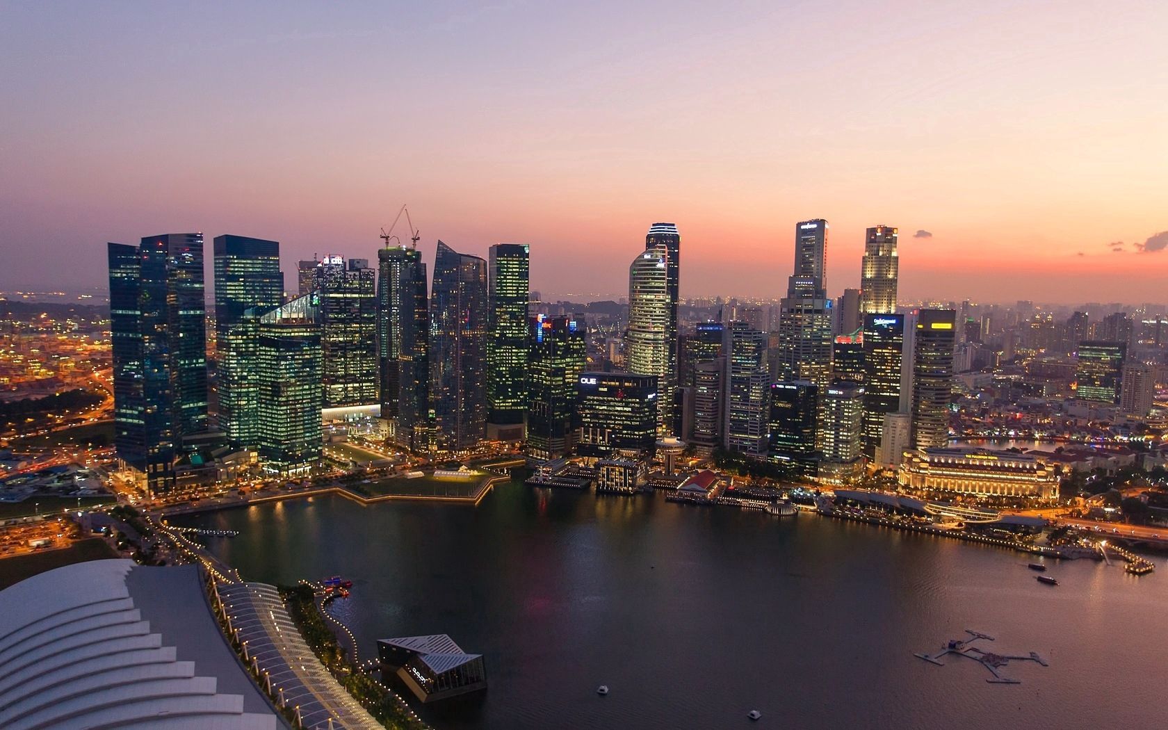sunset, singapore, cities, rivers, building, skyscrapers QHD