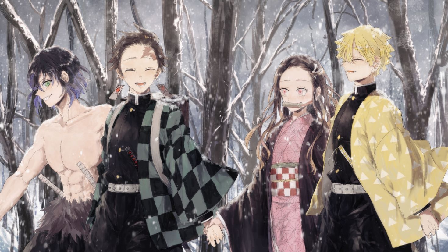 Зеницу обои на пк. Demon Slayer Kimetsu no. Незуко и зеницу и Танжиро. Demon Slayer Kimetsu no Yaiba аниме. Zenitsu Inosuke Tanjiro.