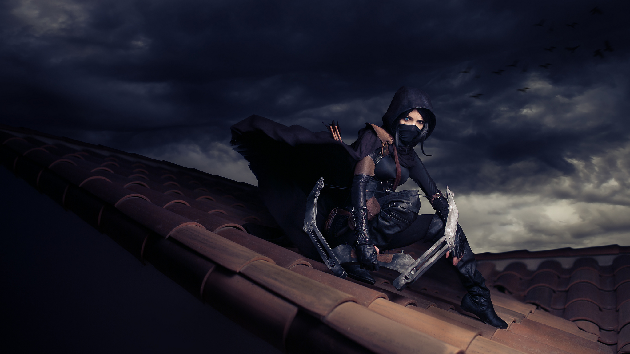 women, bow, mask, roof, thief (video game), cosplay HD wallpaper