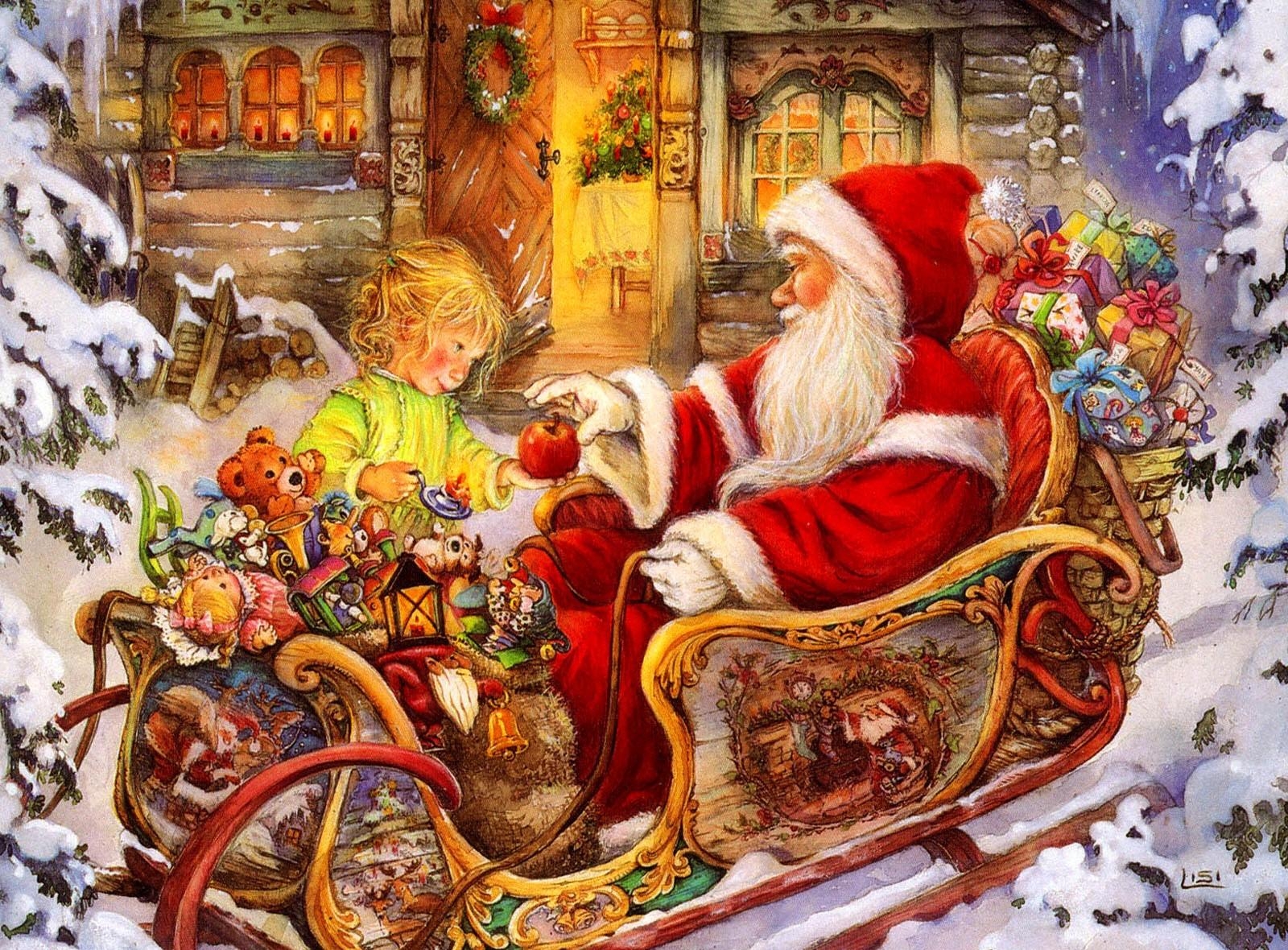 126221 Hintergrundbild herunterladen weihnachten, feiertage, weihnachtsmann, urlaub, kind, apfel, schlitten, die geschenke, geschenke - Bildschirmschoner und Bilder kostenlos