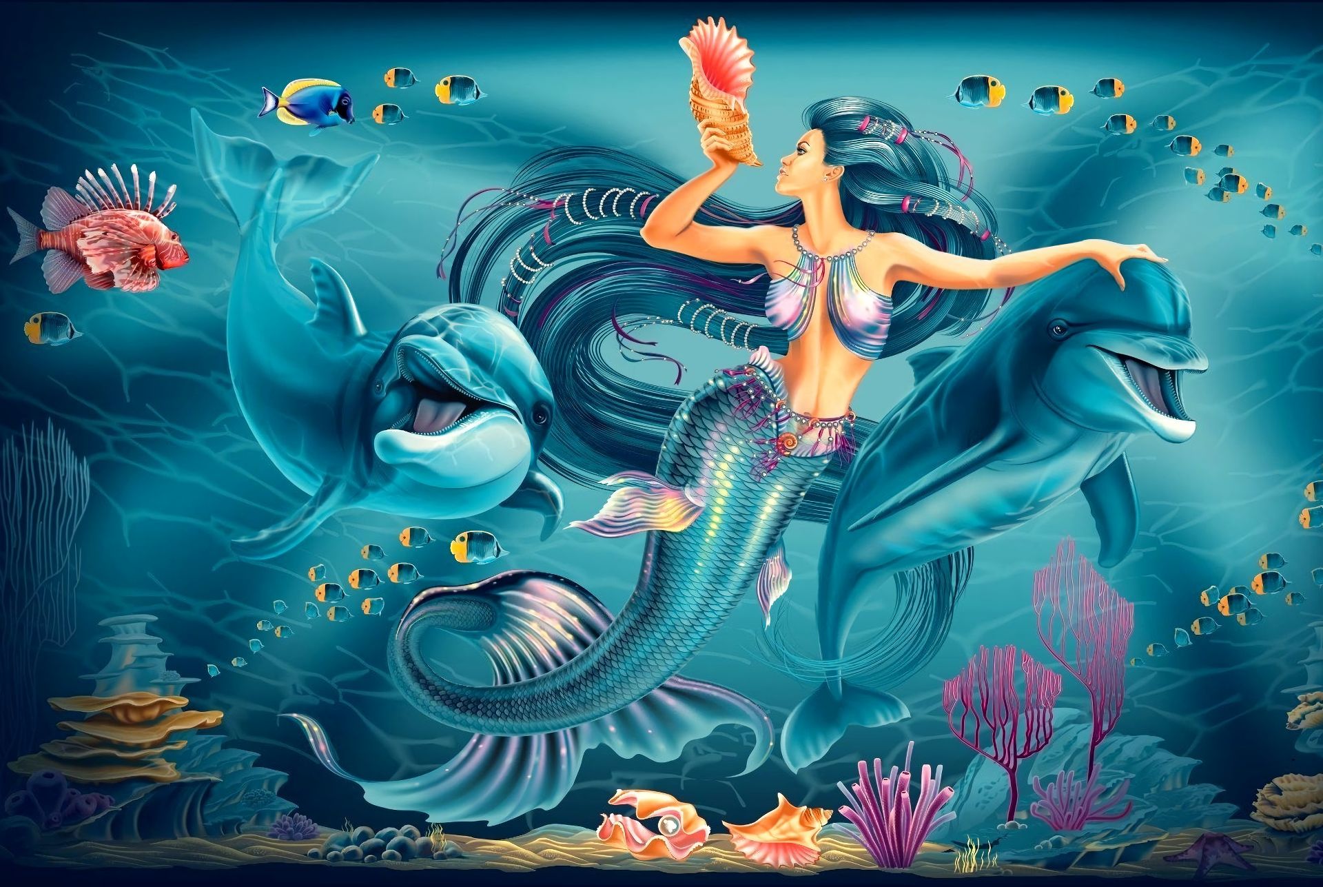 814222 Bild herunterladen fantasie, meerjungfrau, blaue haare, koralle, delfin, fisch, lange haare, planze, muschel, unterwasser - Hintergrundbilder und Bildschirmschoner kostenlos