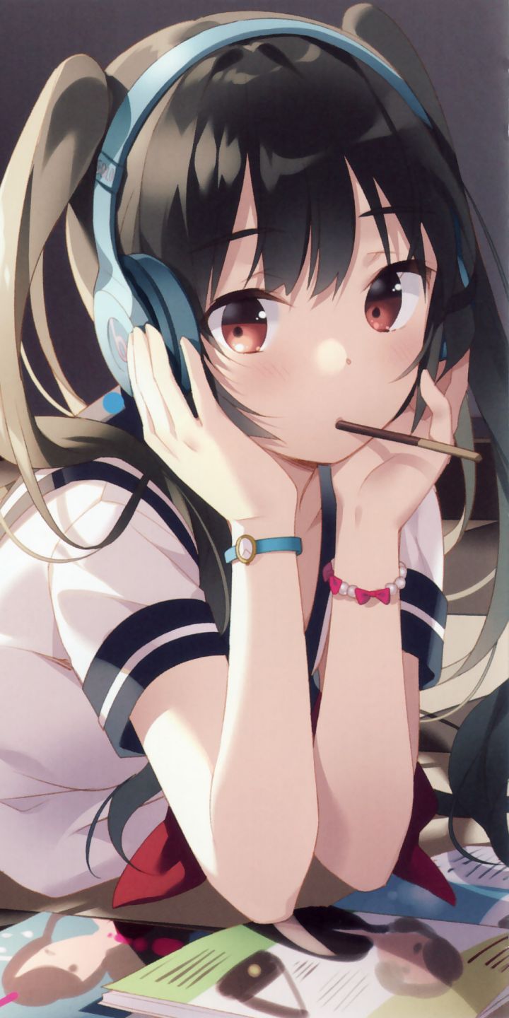 Download mobile wallpaper Anime, Headphones, Brown Eyes, Black Hair, Twintails for free.