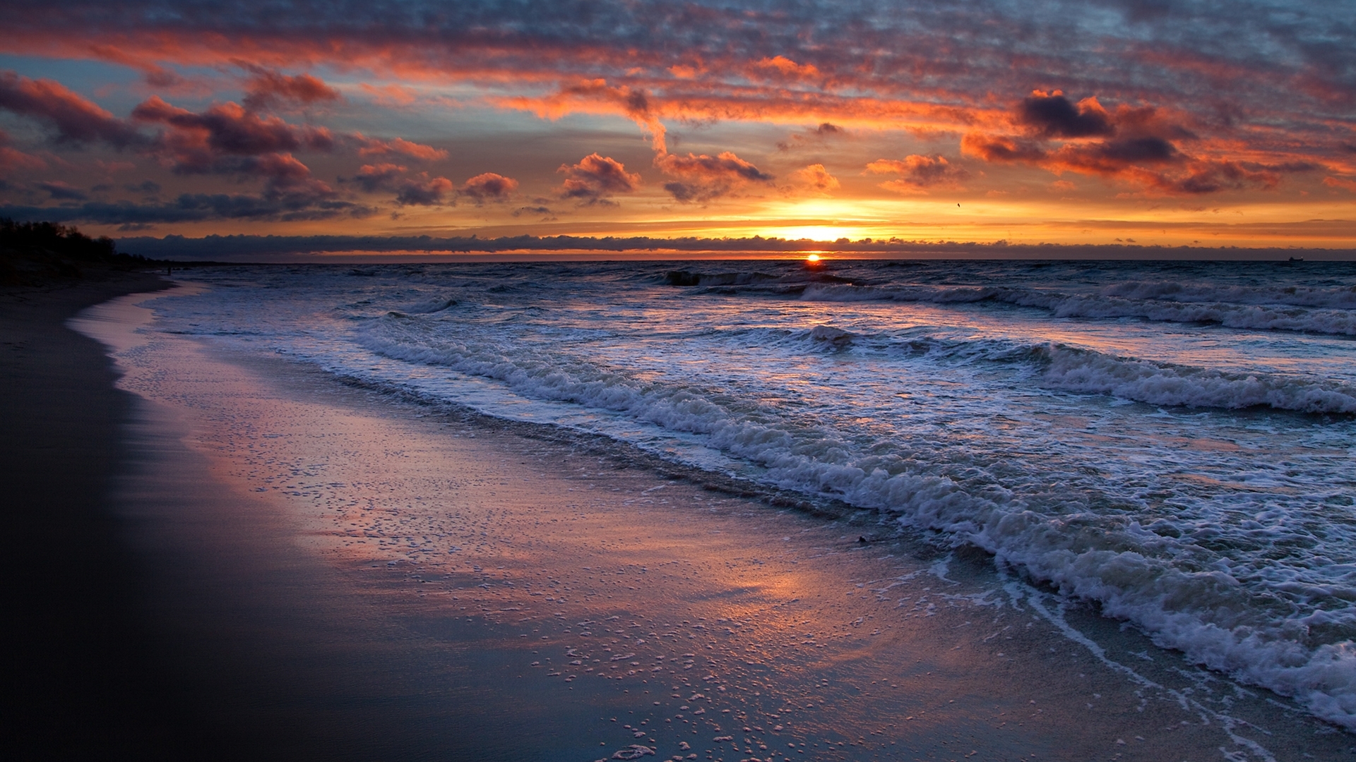 landscape, sunset, sea, clouds, beach Full HD
