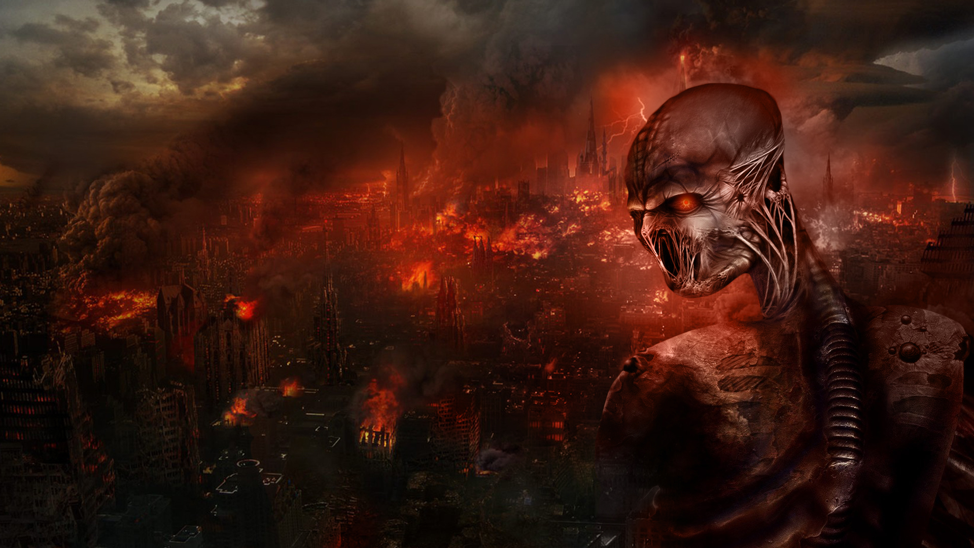Full HD Wallpaper dark, creepy, apocalypse, cyborg, demon, destruction, fire