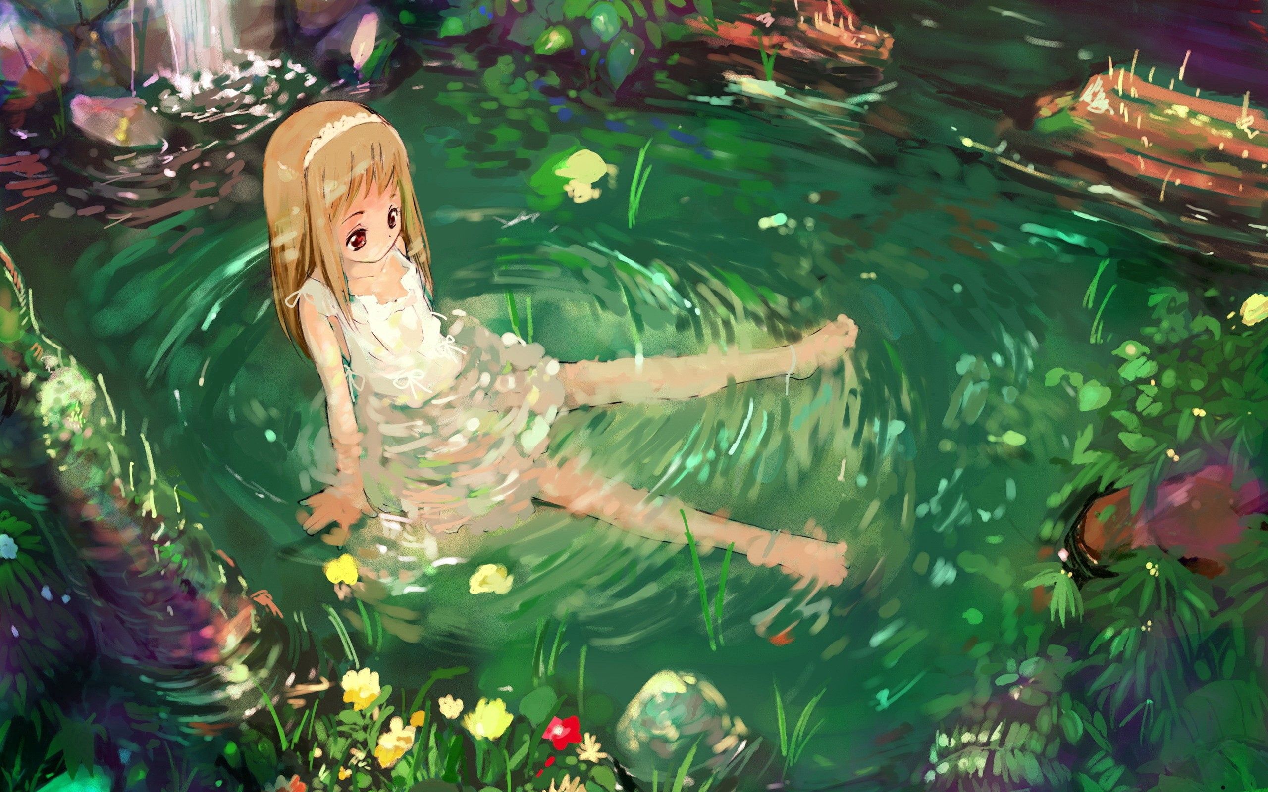 girl, anime, nature, water Desktop Wallpaper