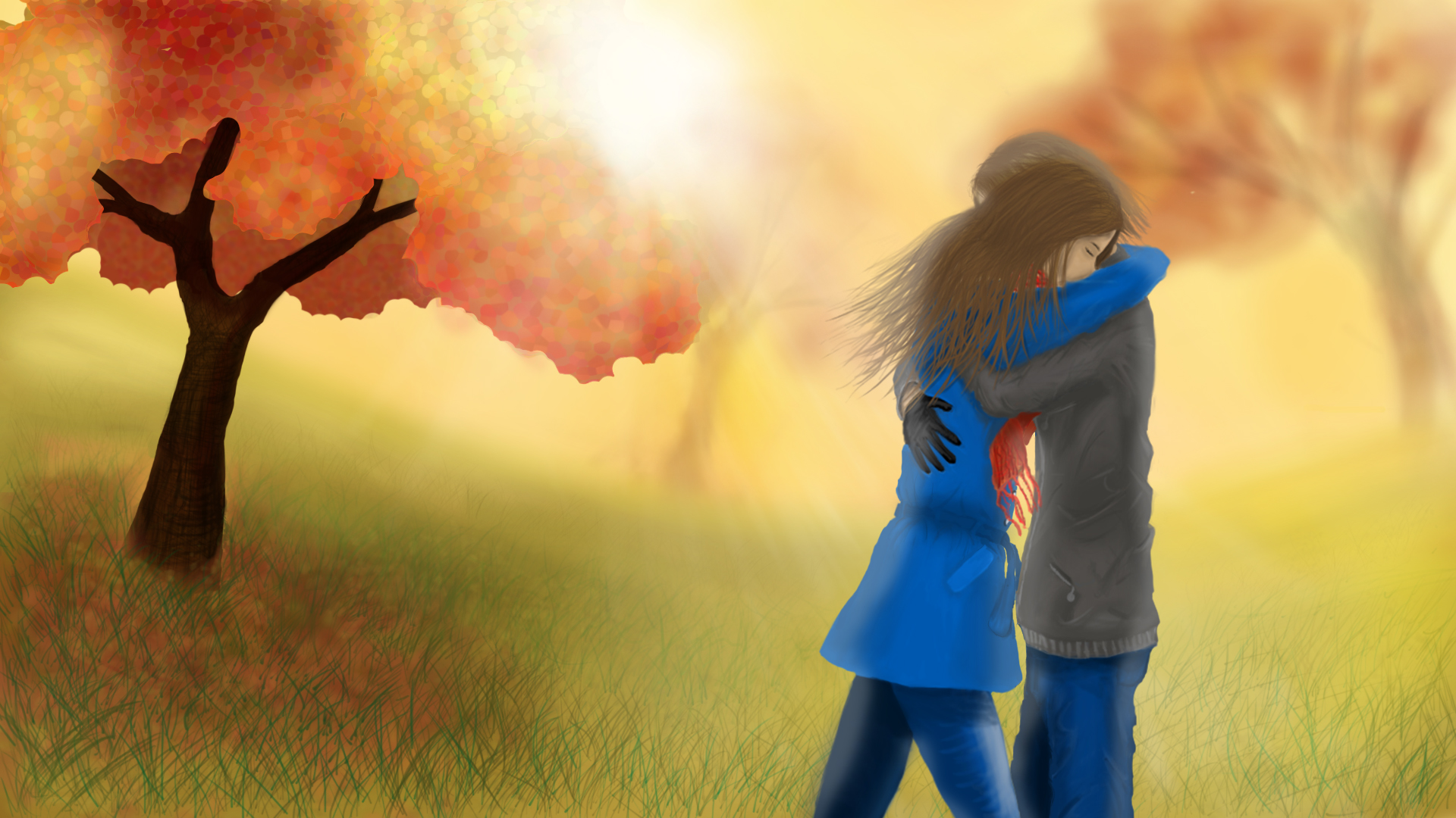love, artistic, fall, couple, hug