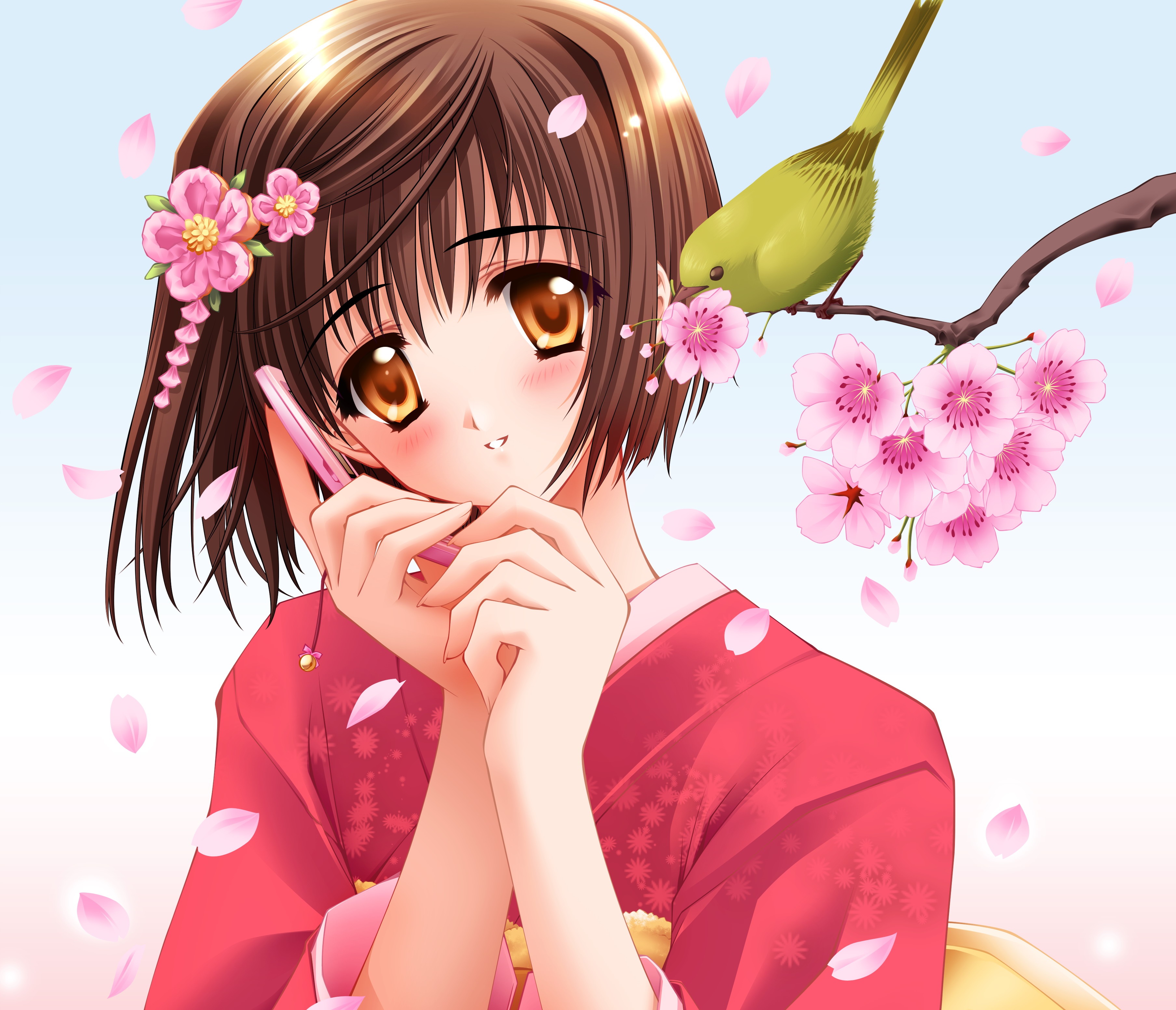 Download mobile wallpaper Anime, Bird, Smile, Kimono, Petal, Cherry Blossom, Original, Blush, Brown Hair, Short Hair, Phone, Orange Eyes for free.