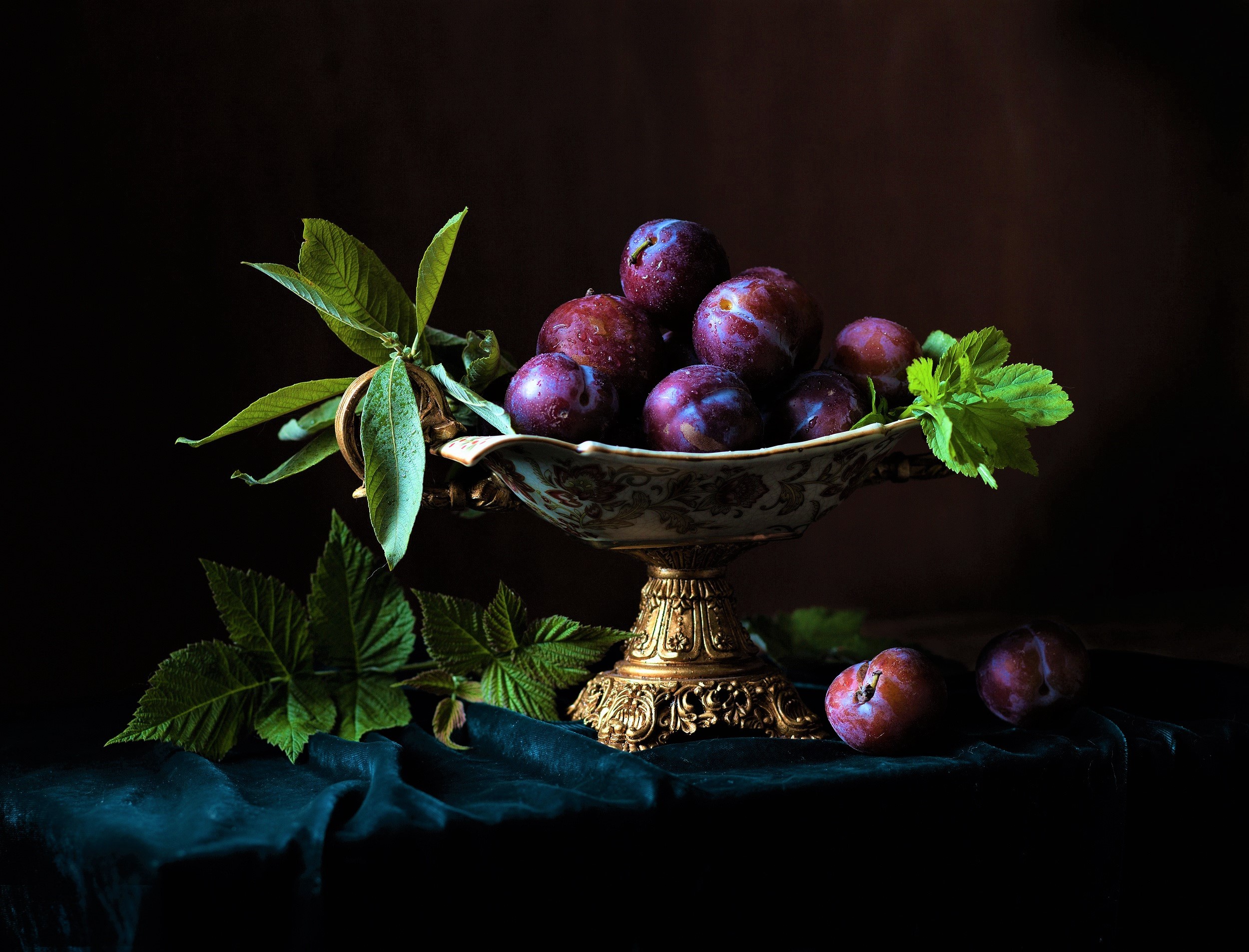 photography, still life, bowl, fruit, leaf, plum images