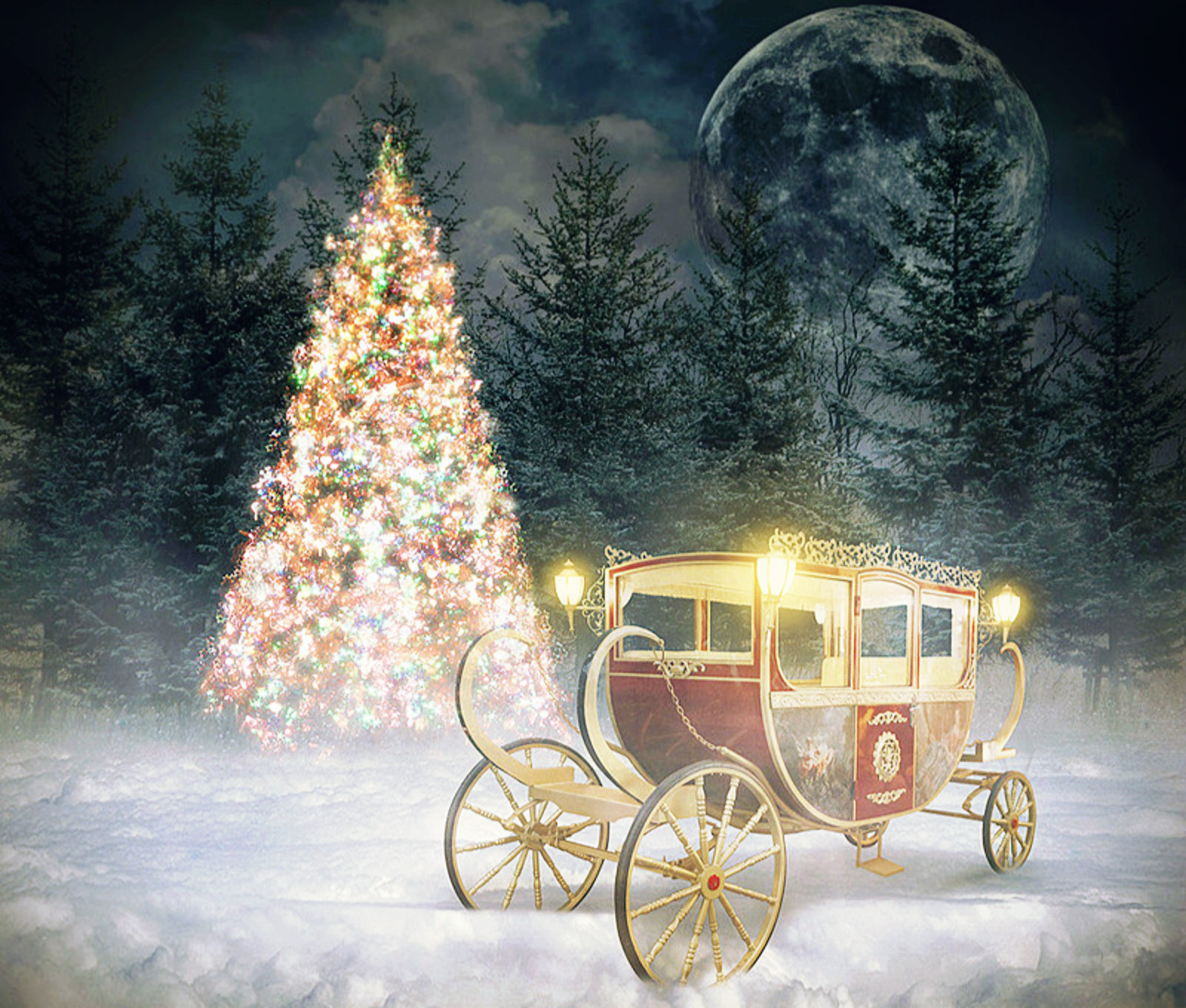 Mobile wallpaper holiday, christmas, carriage, christmas tree, light, moon, snow, tree