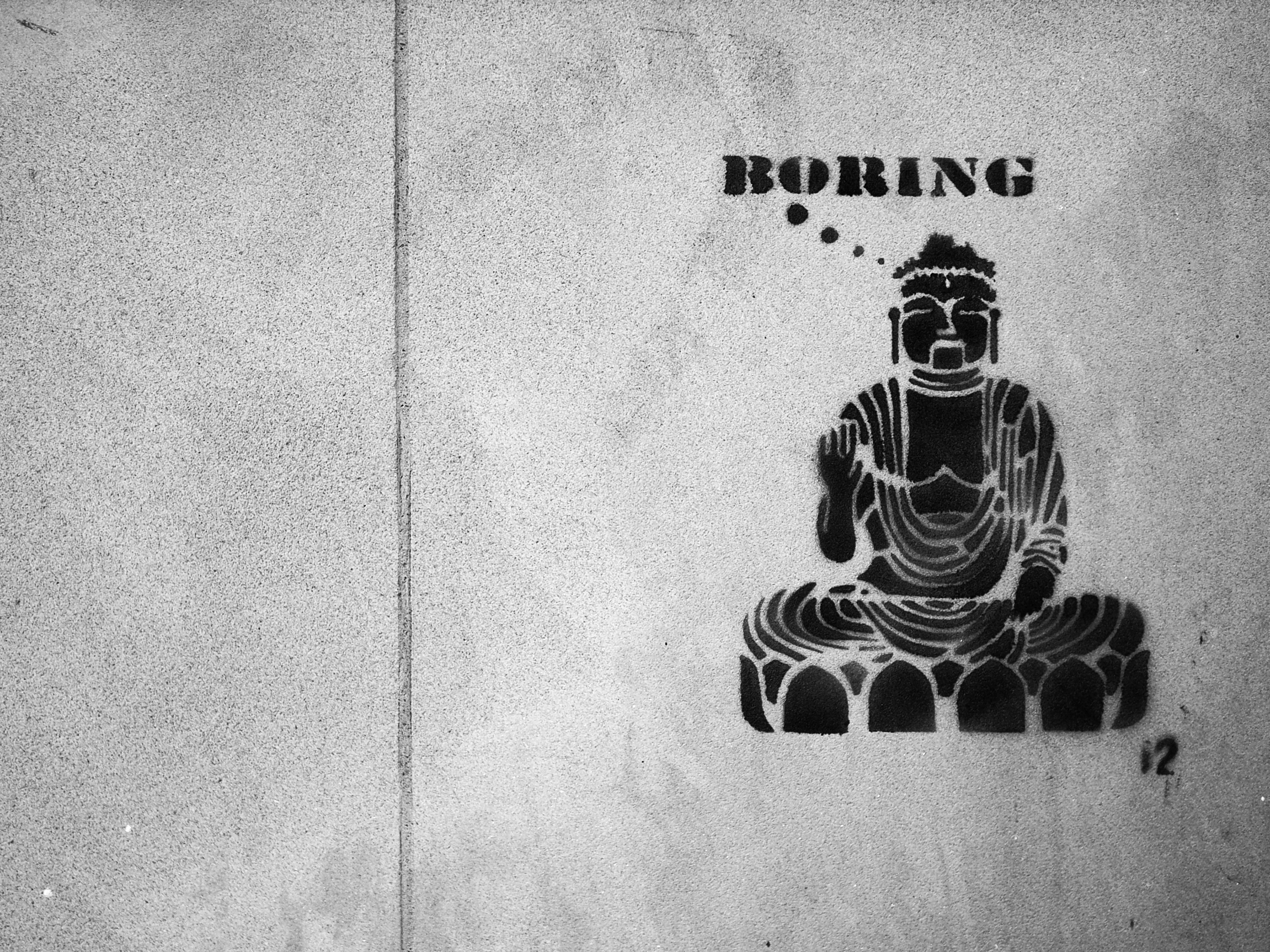 Скачать обои бесплатно Будда, Boring, Надпись, Арт, Чб, Буддизм, Граффити картинка на рабочий стол ПК