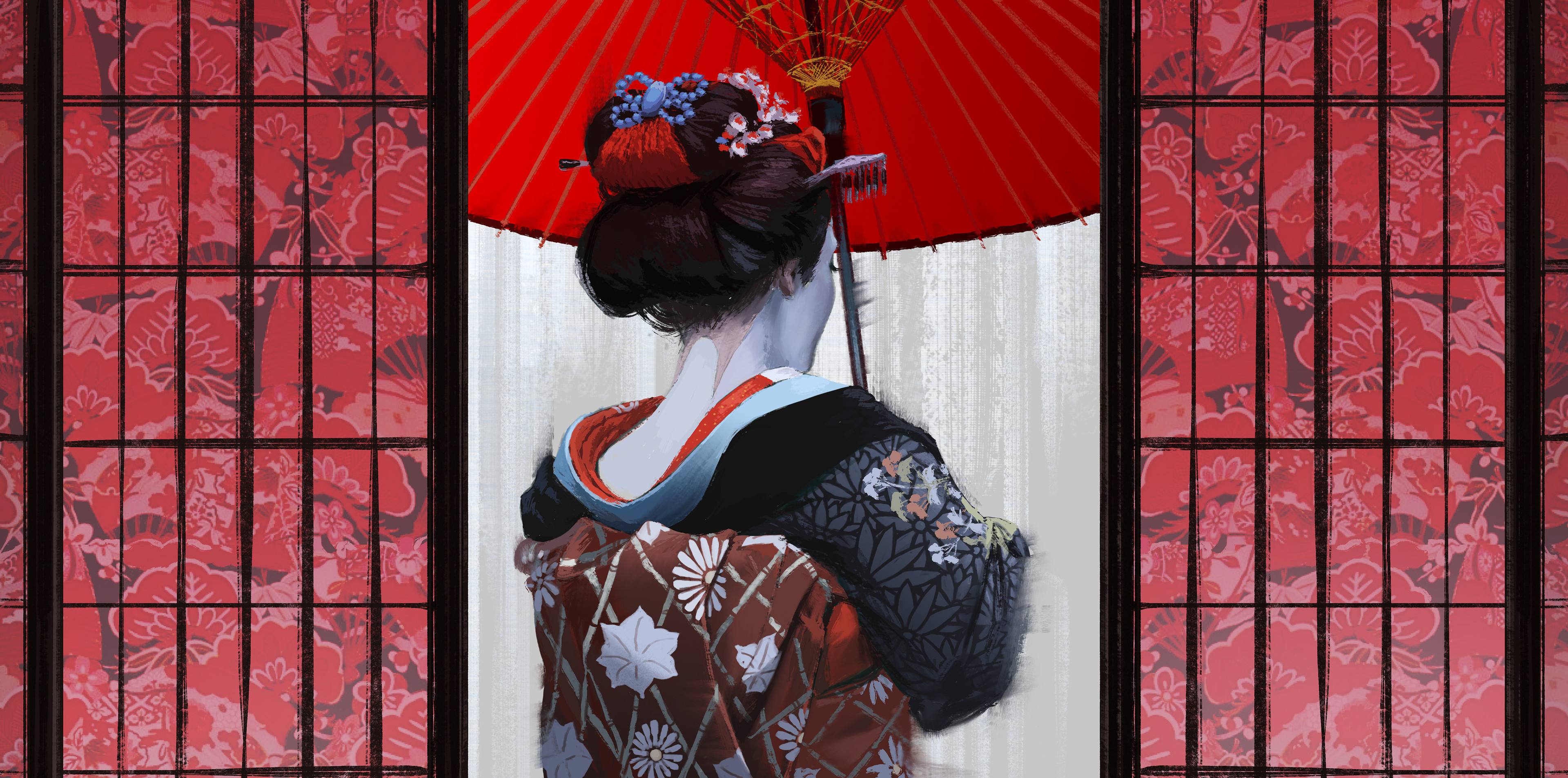 1000571 завантажити шпалери художній, гейша, японський, кімоно, парасолька, парасольку - заставки і картинки безкоштовно