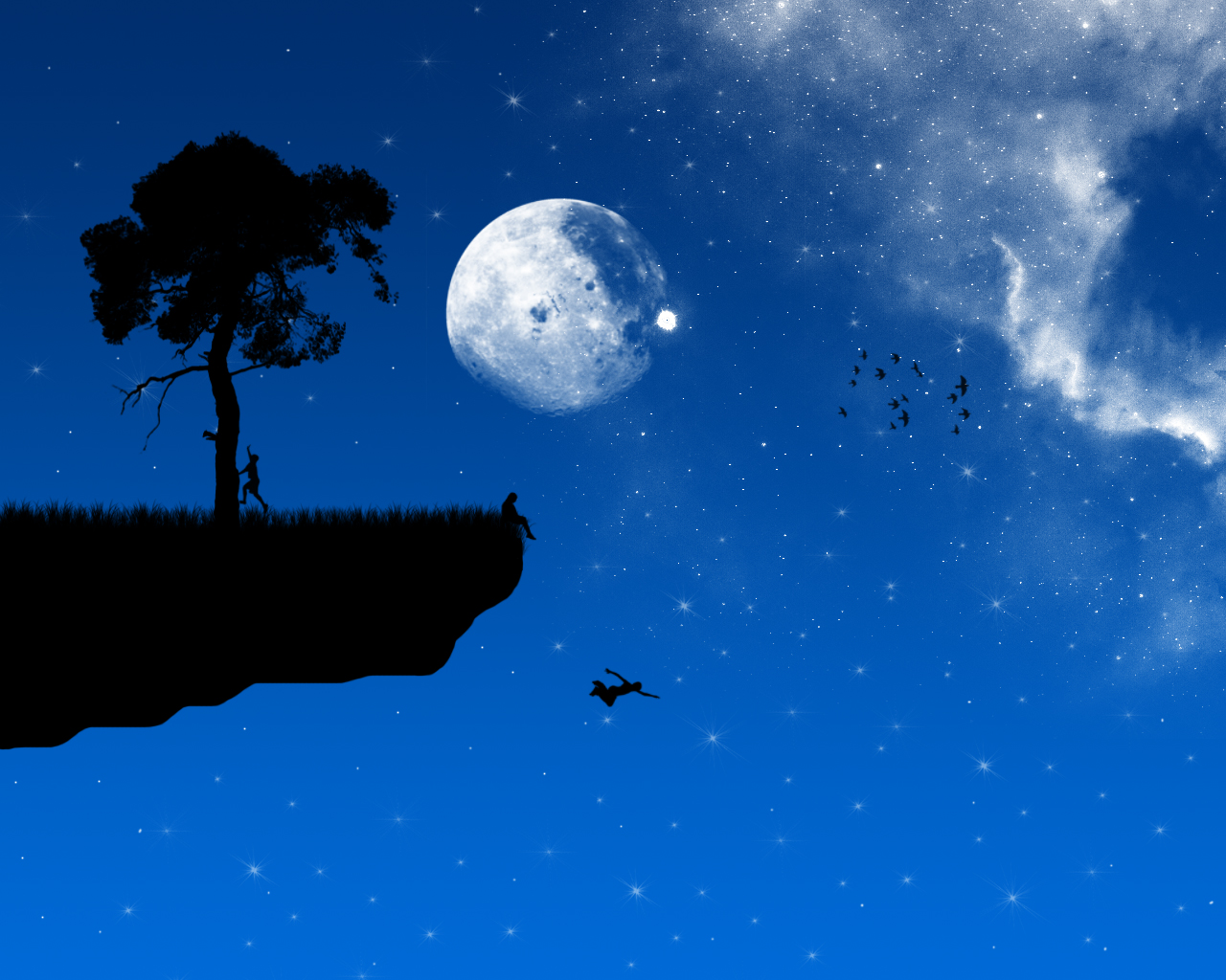 android vector, tree, cliff, moon, artistic, sky, stars