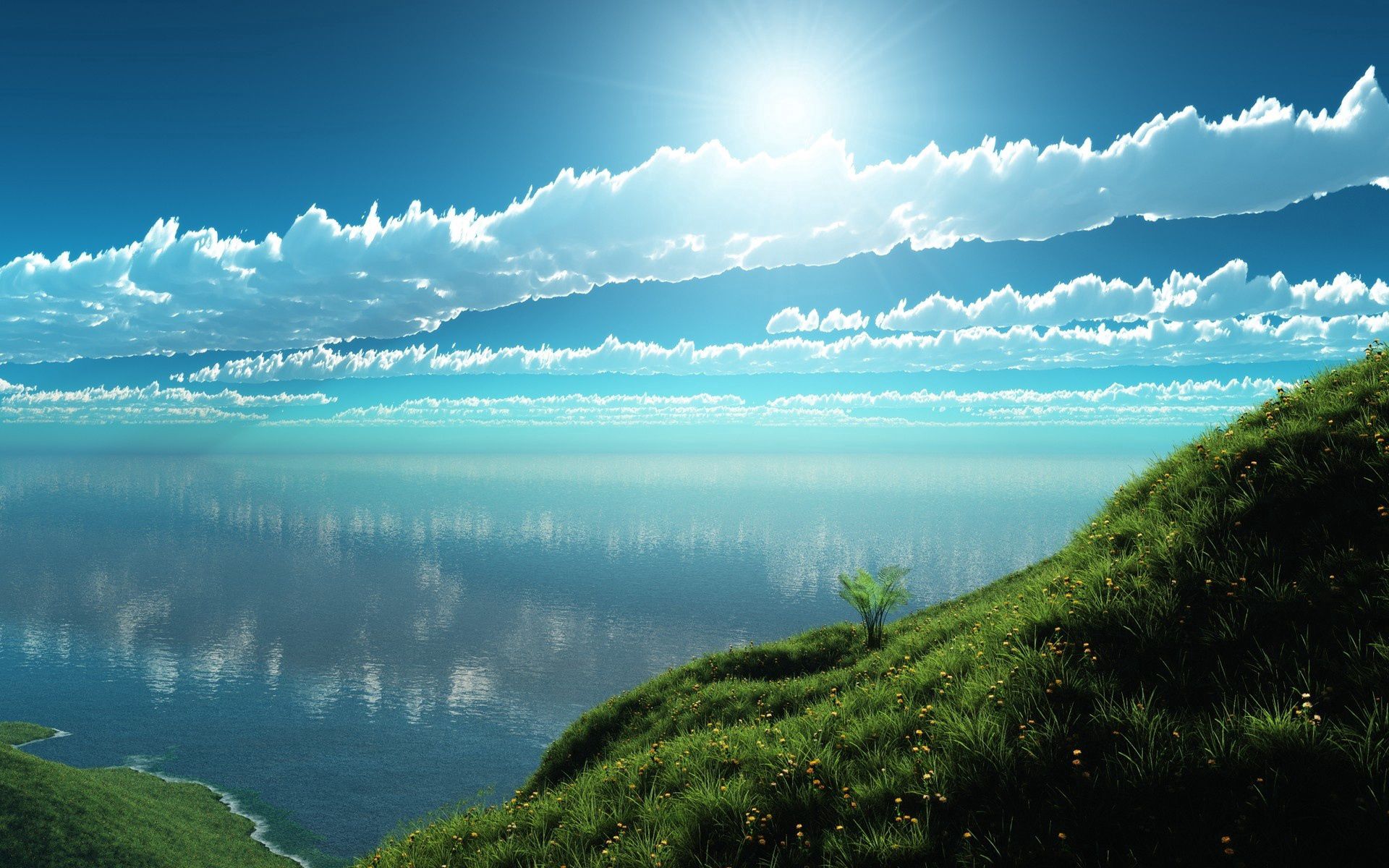 bush, shine, nature, clouds, light, slope Smartphone Background