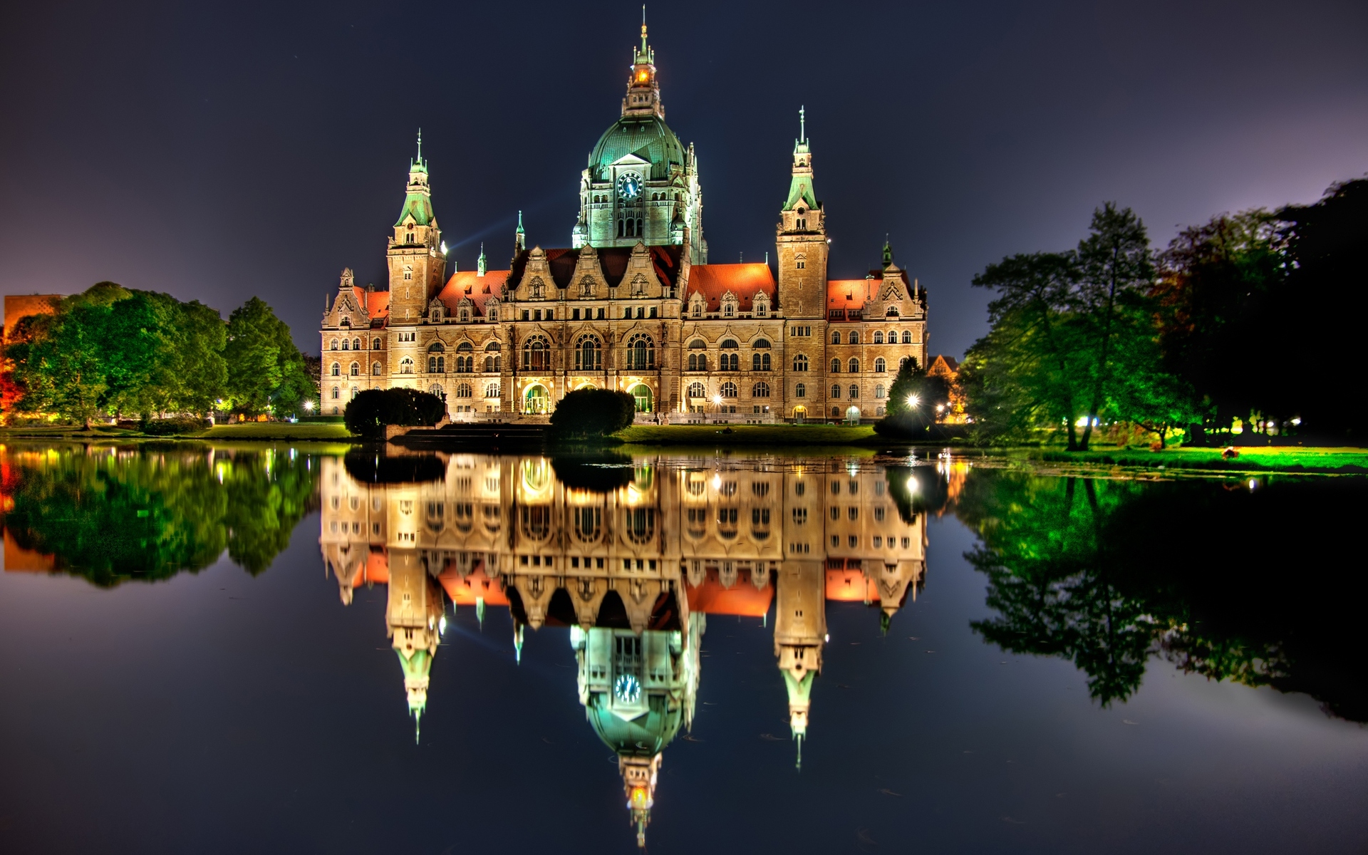 man made, new town hall, building, city hall, evening, germany, hanover, reflection