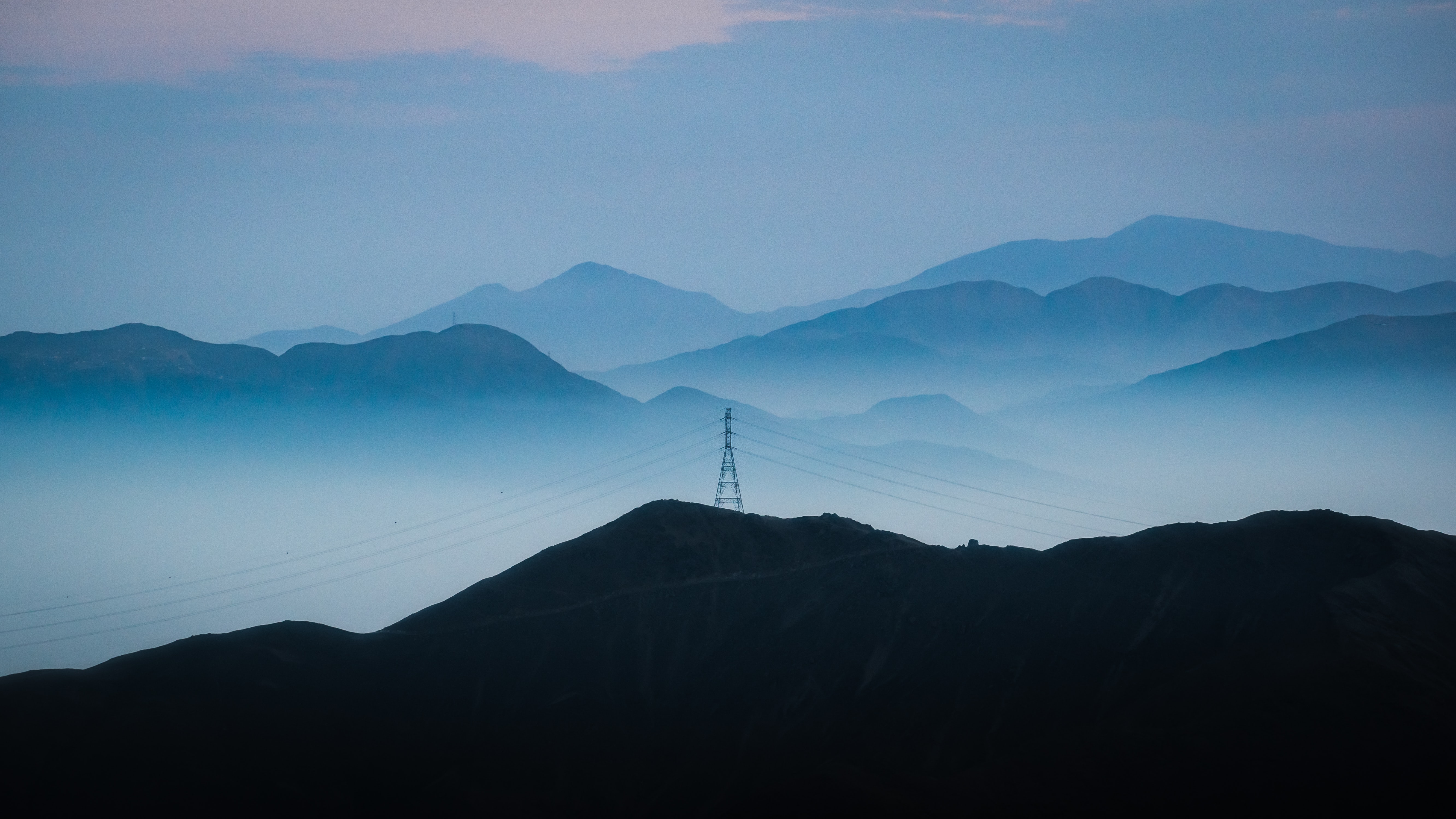 wires, nature, fog, hills, dahl, distance, wire Full HD