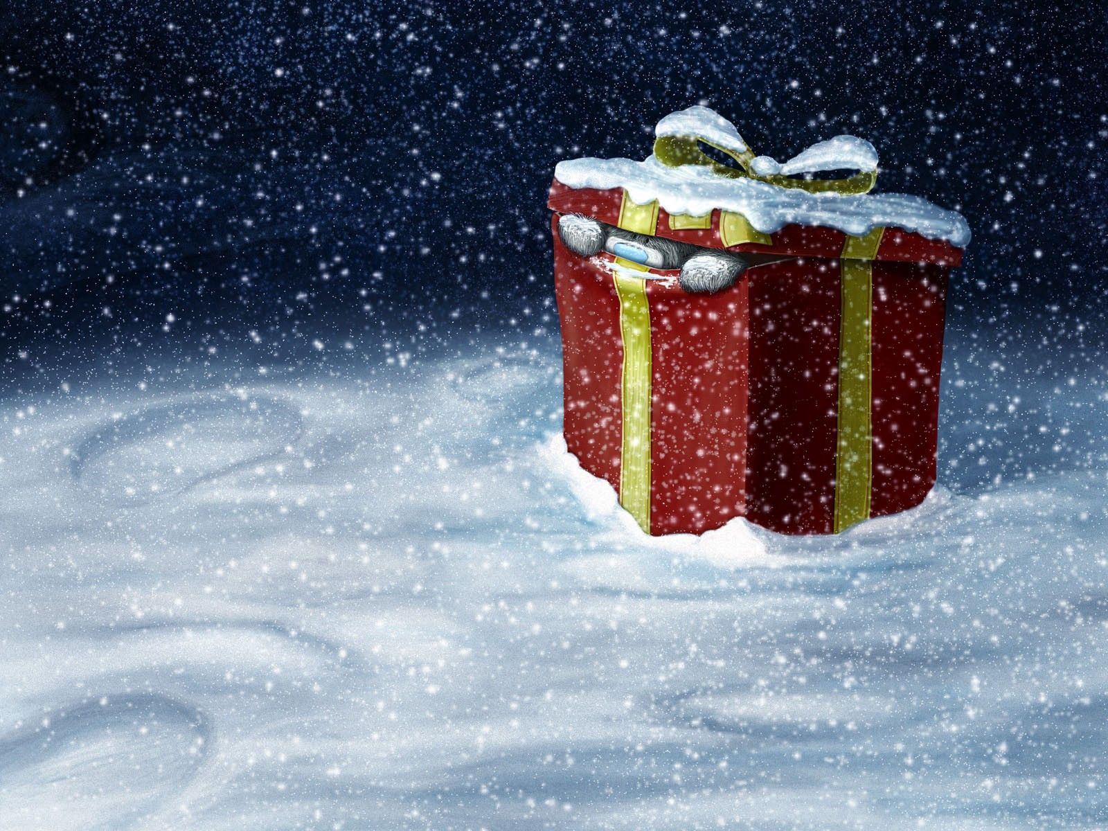 Скачать обои бесплатно Коробка, Медвежонок, Снег, Подарок, Праздники, Рождество, Новый Год картинка на рабочий стол ПК