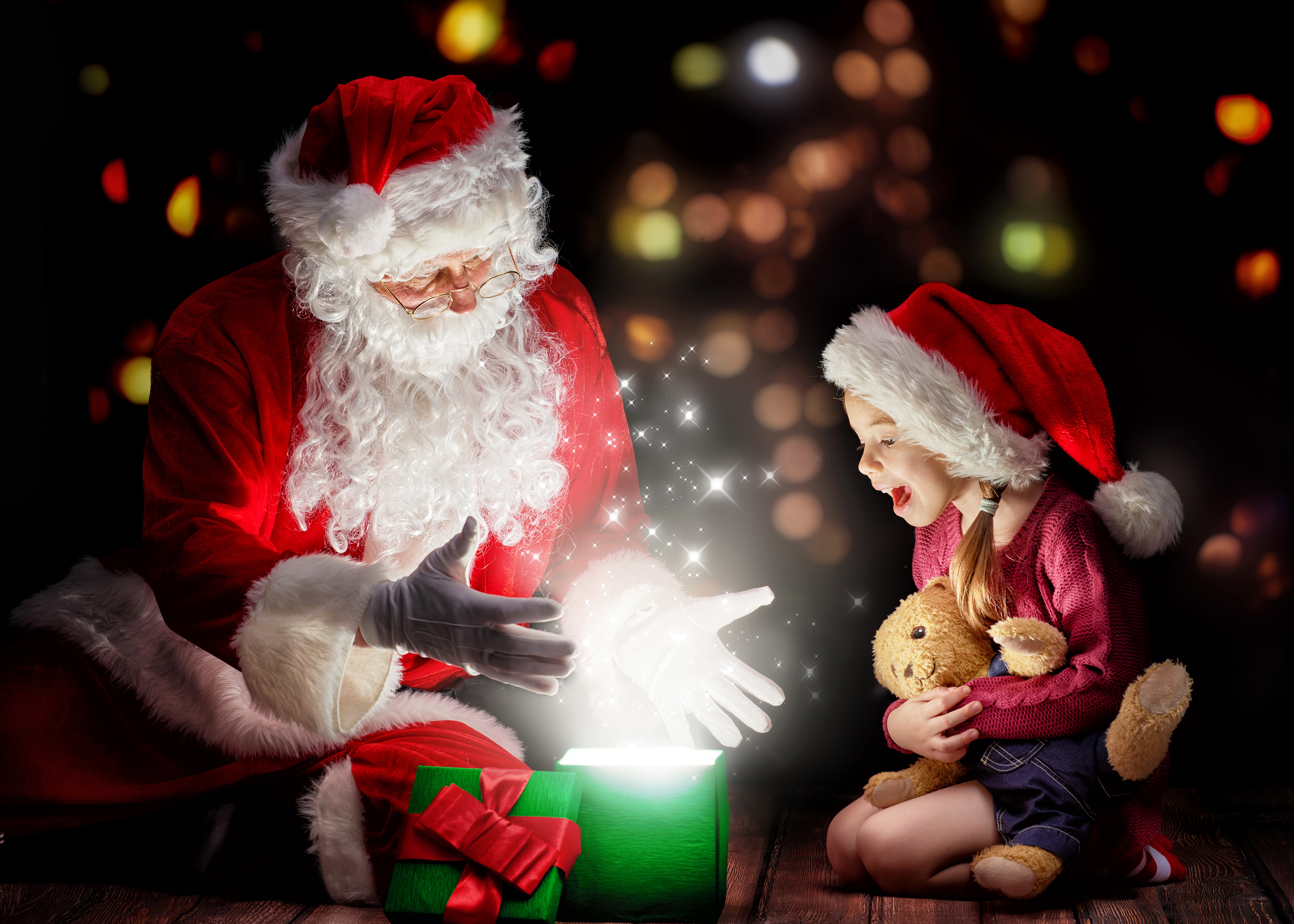 holiday, christmas, child, gift, magic, santa hat, santa, teddy bear