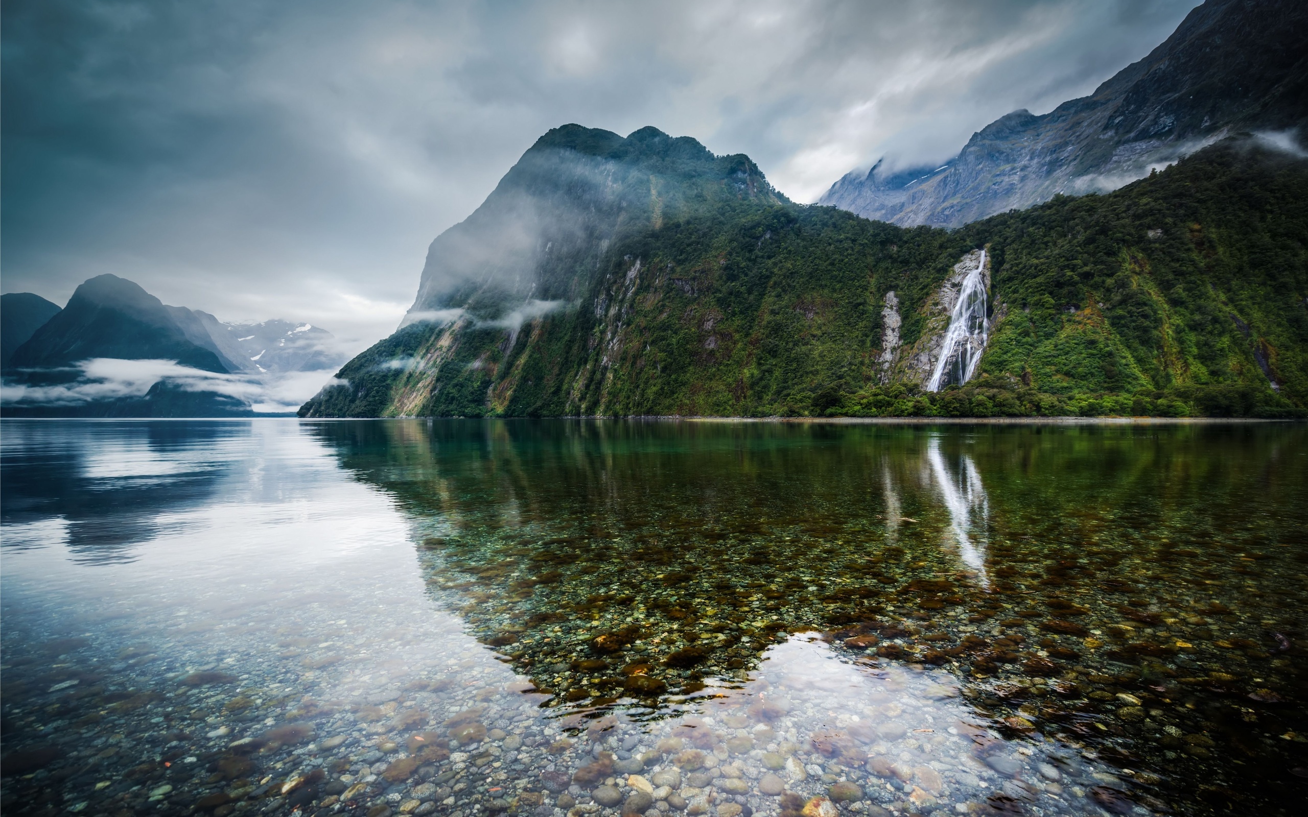 new zealand, earth, reflection, lake, mountain, stone, waterfall 1080p