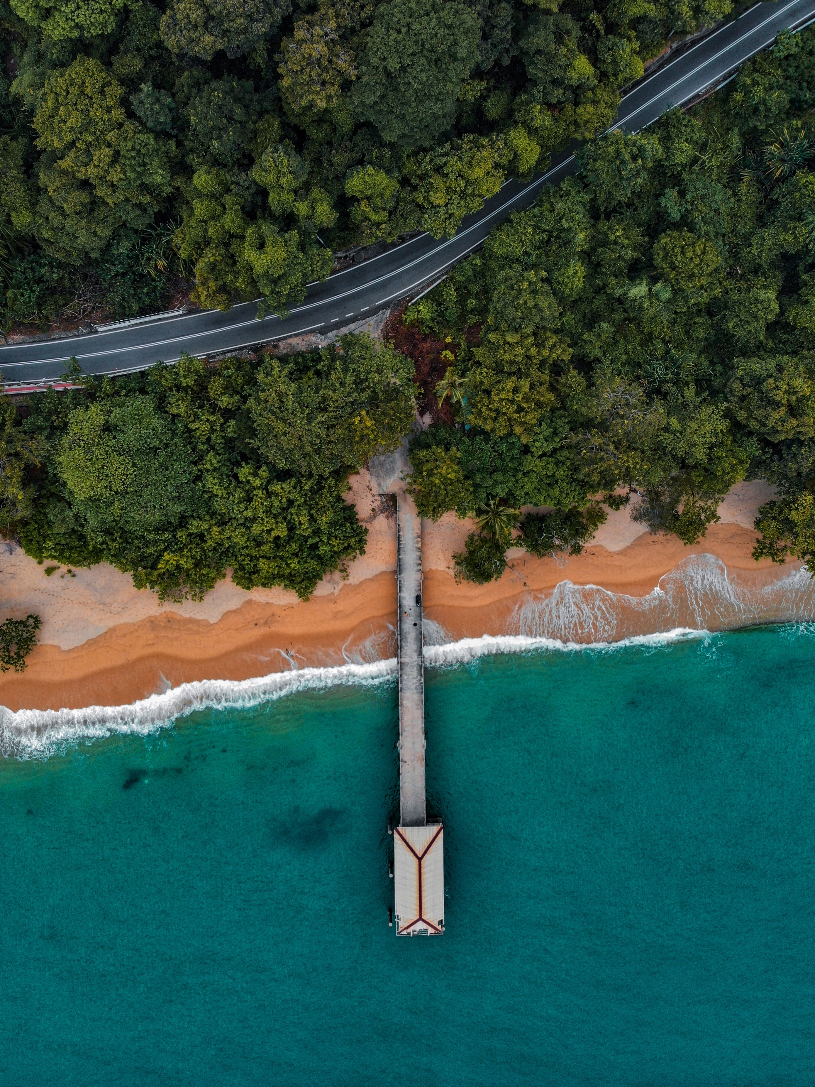 view from above, trees, nature, coast, pier, bungalow Phone Background