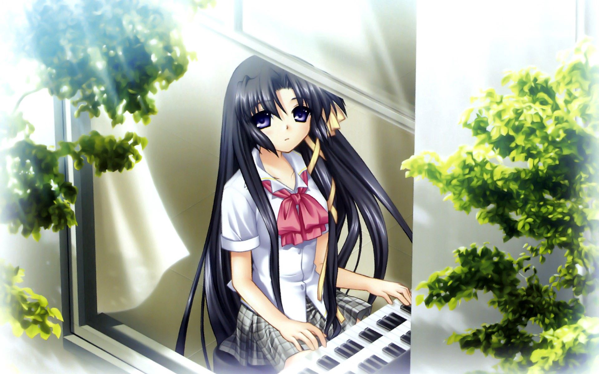 Download mobile wallpaper Wood, Tree, Brunette, Piano, Girl, Anime for free.