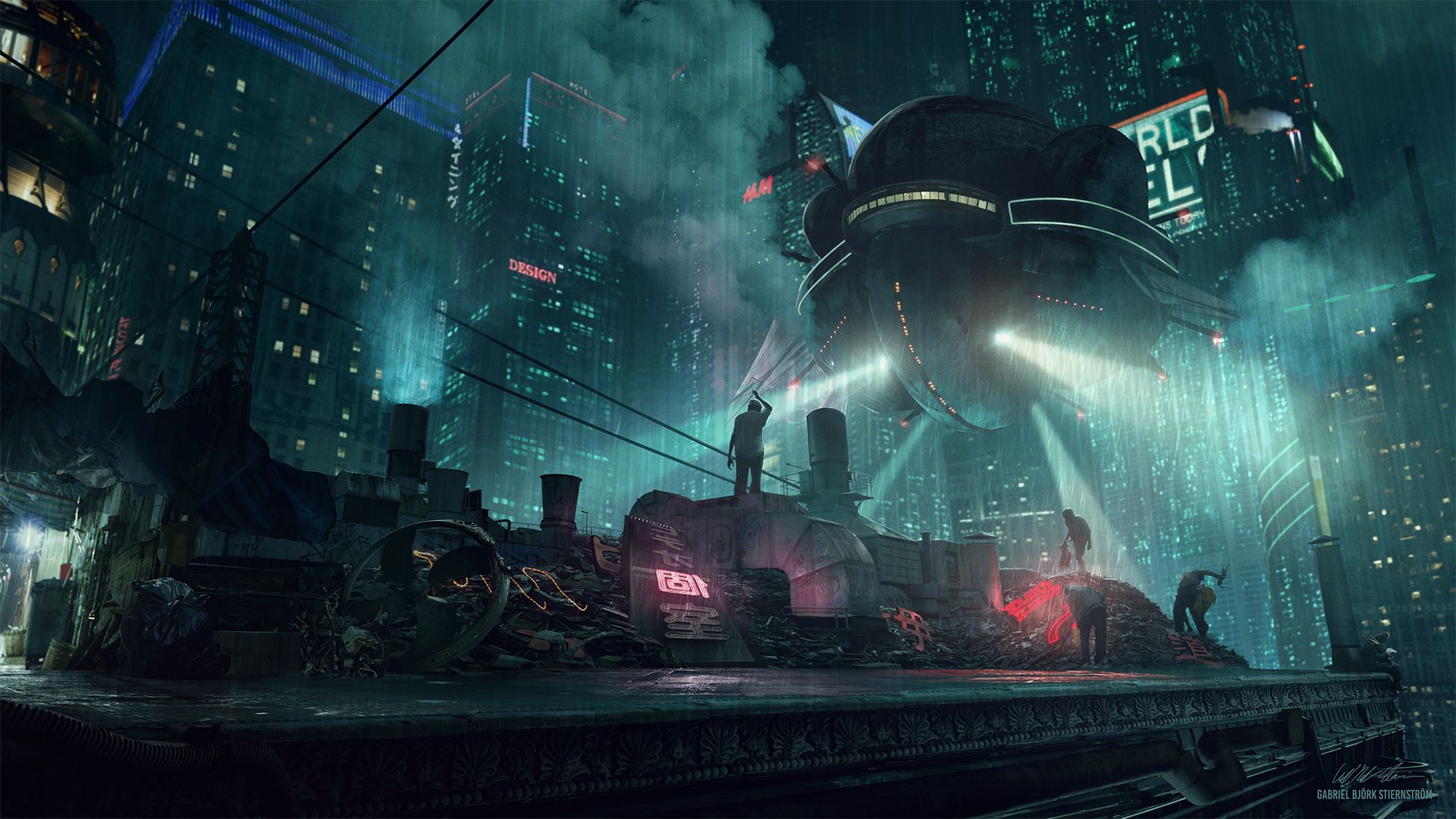 cyberpunk, night, vehicle, futuristic, sci fi, city, rain, skyscraper