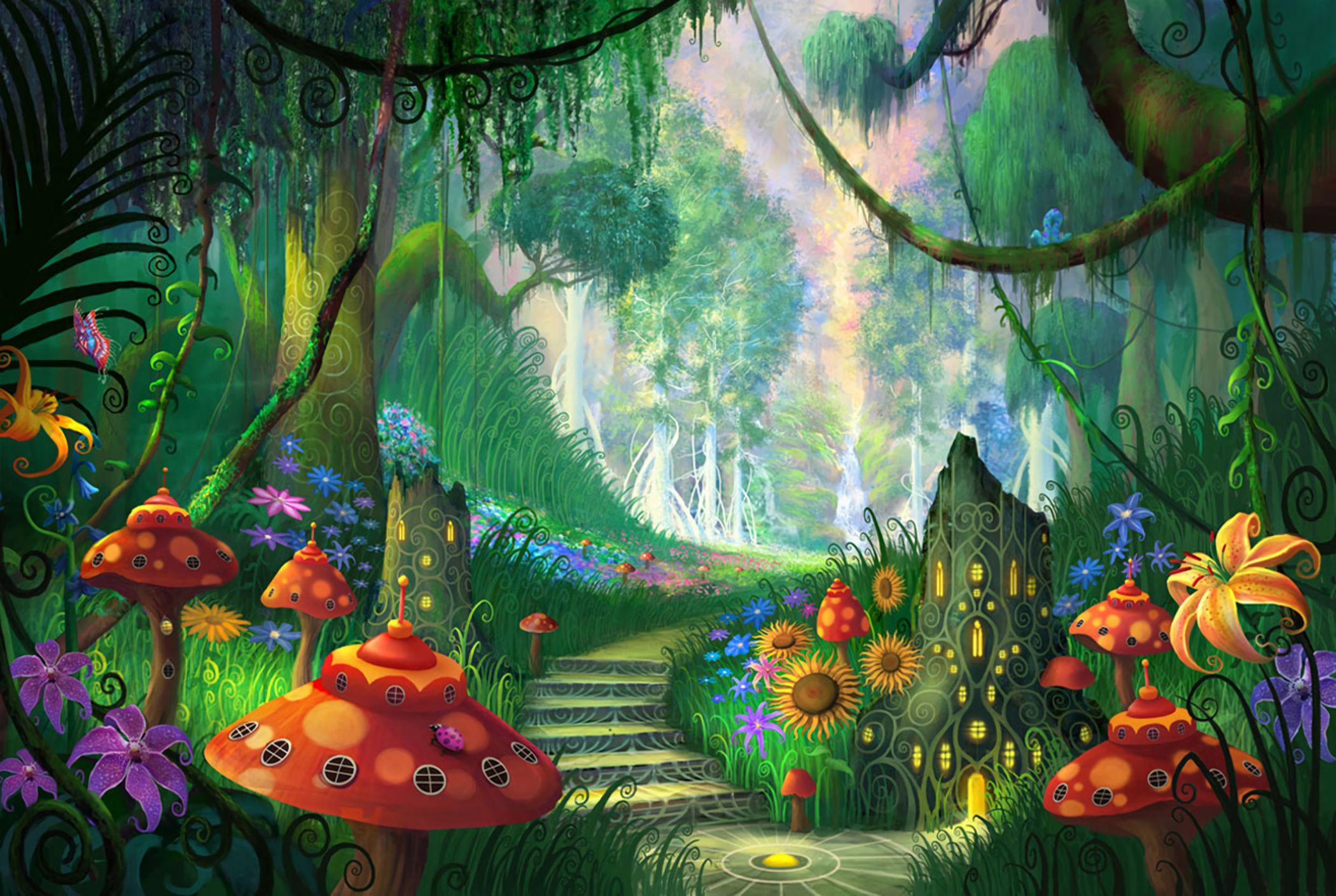 mushroom, artistic, fantasy, flower, forest, stairs