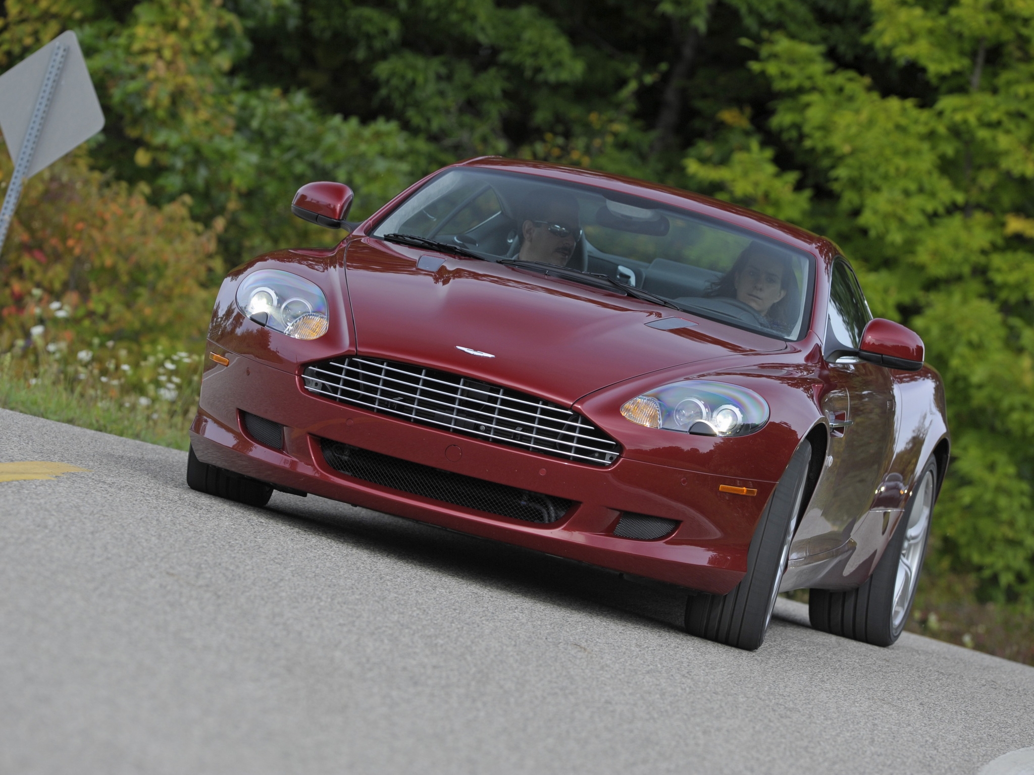 auto, nature, trees, grass, aston martin, cars, red, front view, style, sign, 2008, aston martin db9 Smartphone Background