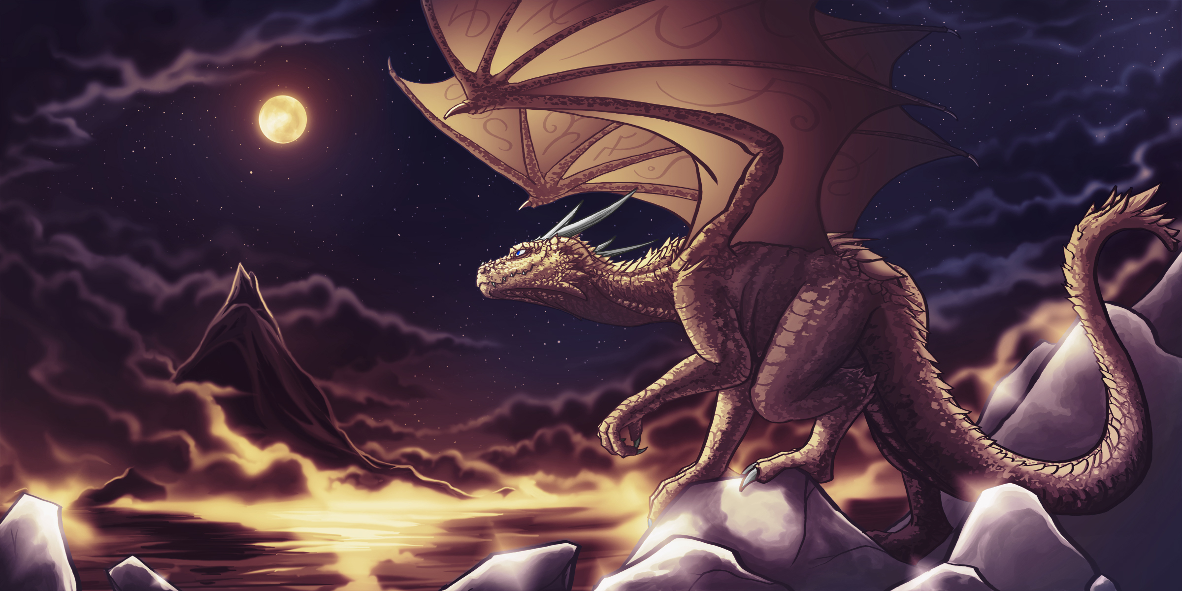 141620 descargar fondo de pantalla el dragón, cielo, arte, montañas, noche, nubes, dragón: protectores de pantalla e imágenes gratis