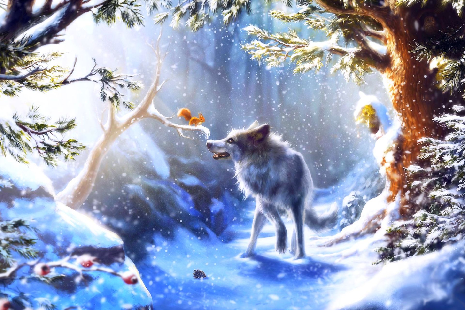 Desktop FHD animal, winter, wolf, forest, snow, squirrel, wolves