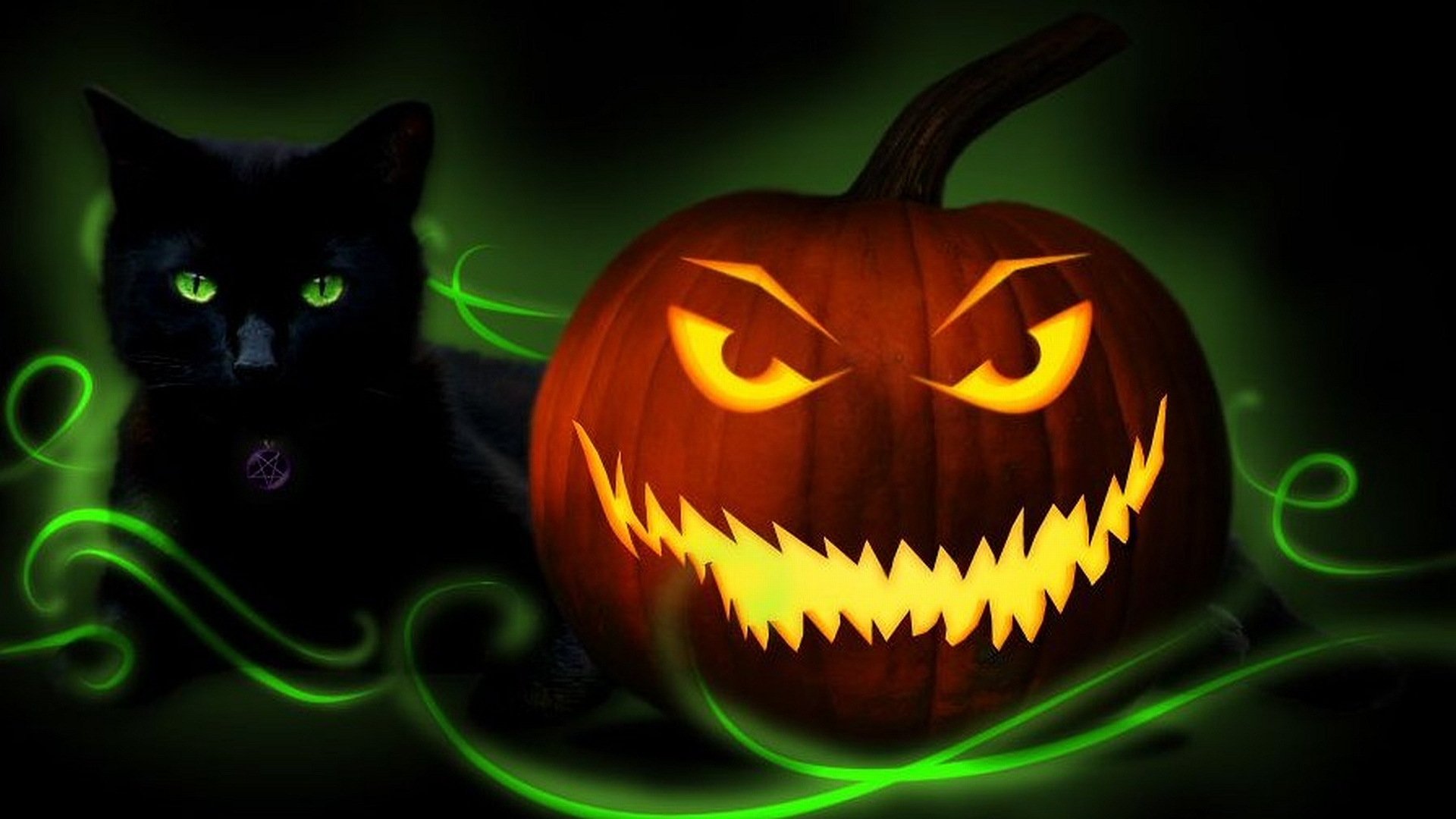 halloween, holiday, cat, green, jack o' lantern Image for desktop