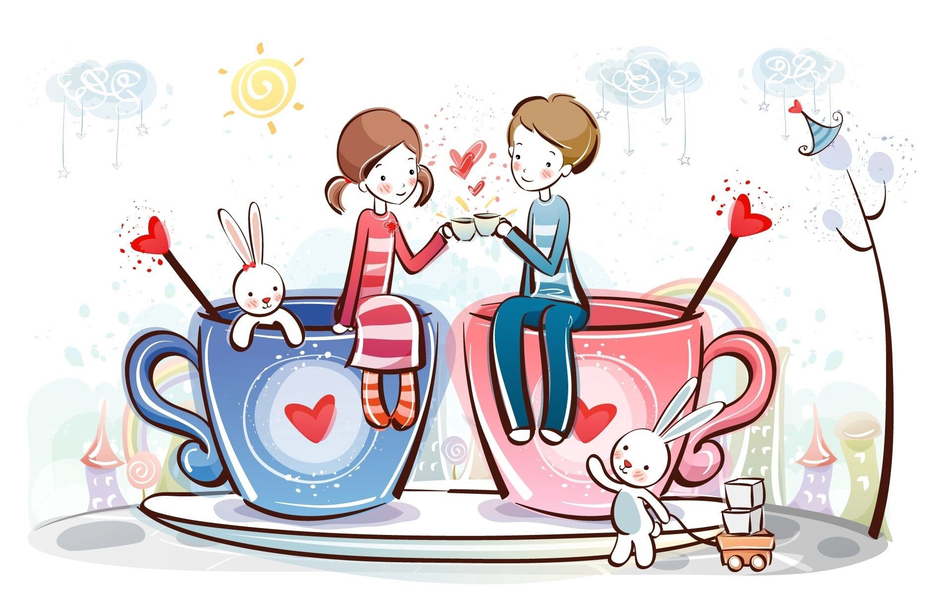 couple, cups, hearts, pair, tea drinking, love, sun, tea party, hares mobile wallpaper