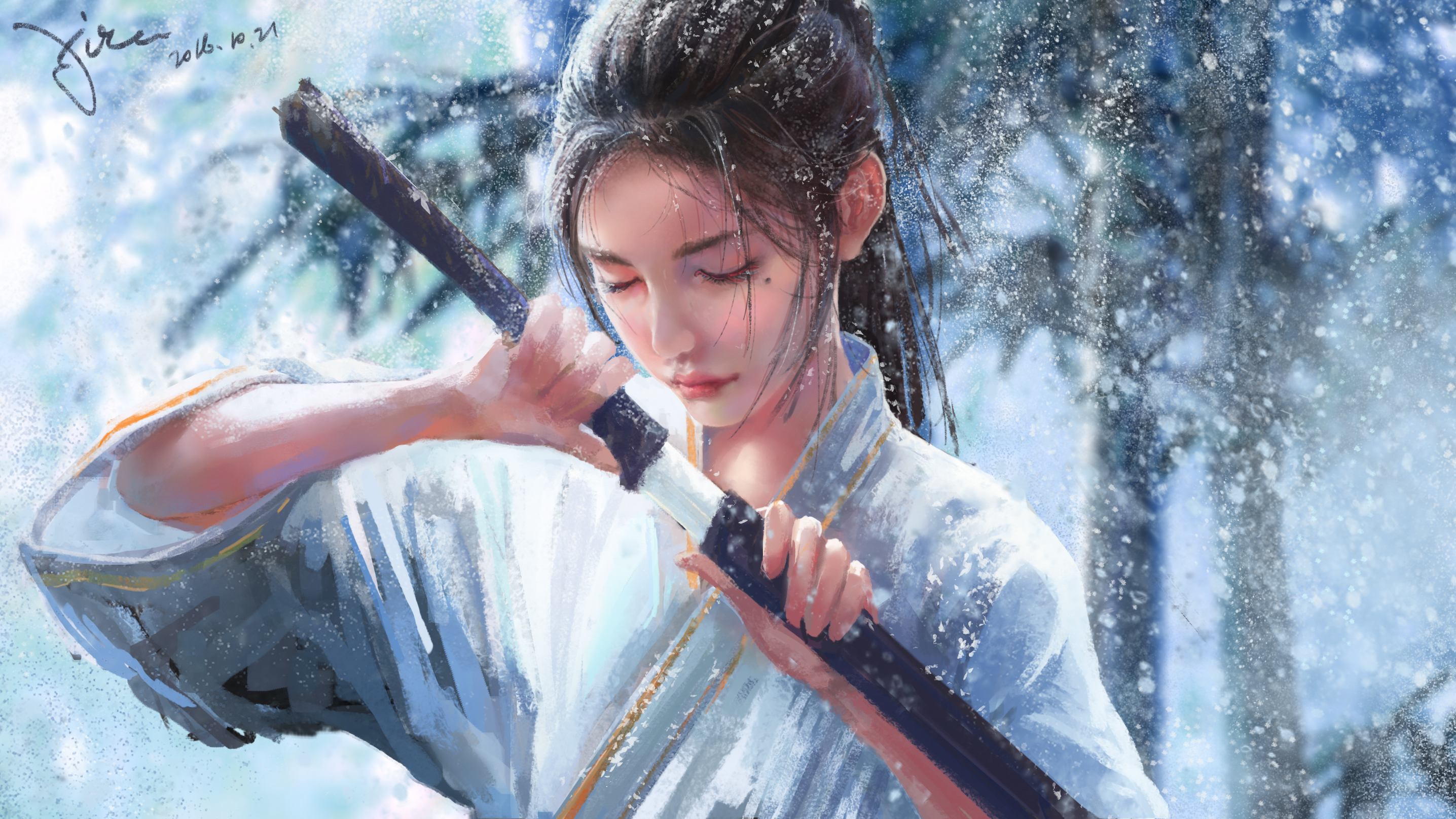 931688 скачать обои женщина воин, самурай, снежинки, снегопад, фэнтези - заставки и картинки бесплатно
