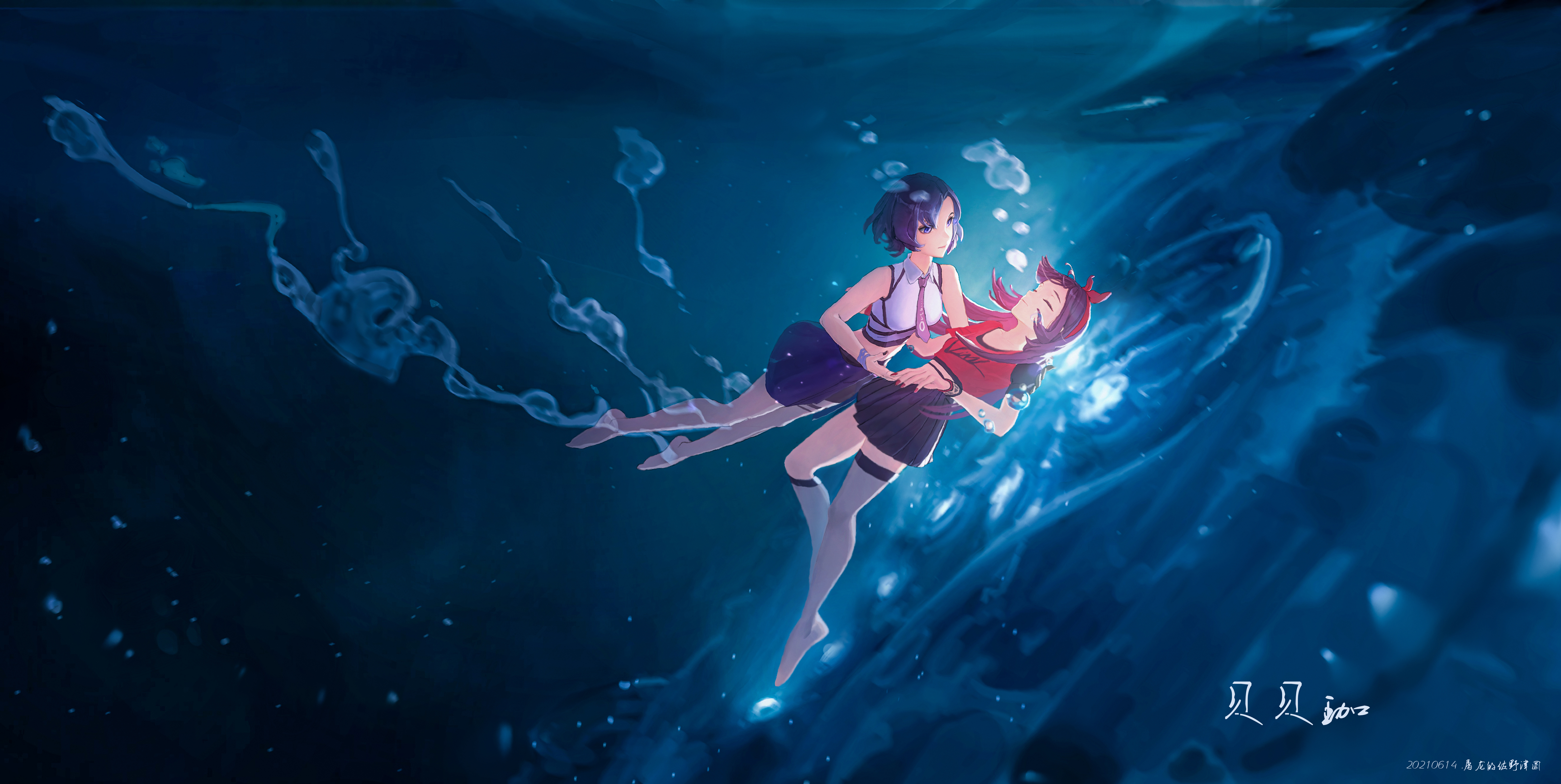 Anime, Original, Black Hair, Dress, Fish, Girl, Reflection, Sea Life,  Underwater, HD wallpaper | Peakpx