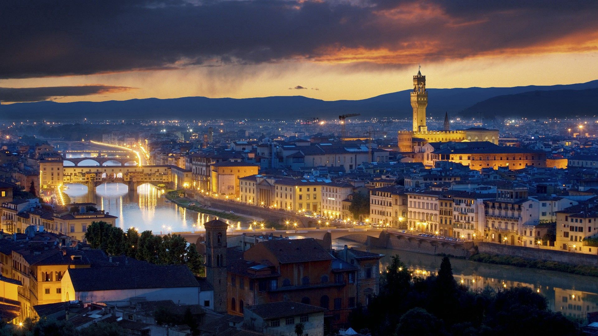 PC Wallpapers florence, cities, rivers, italy, building, city lights, ponte vecchio