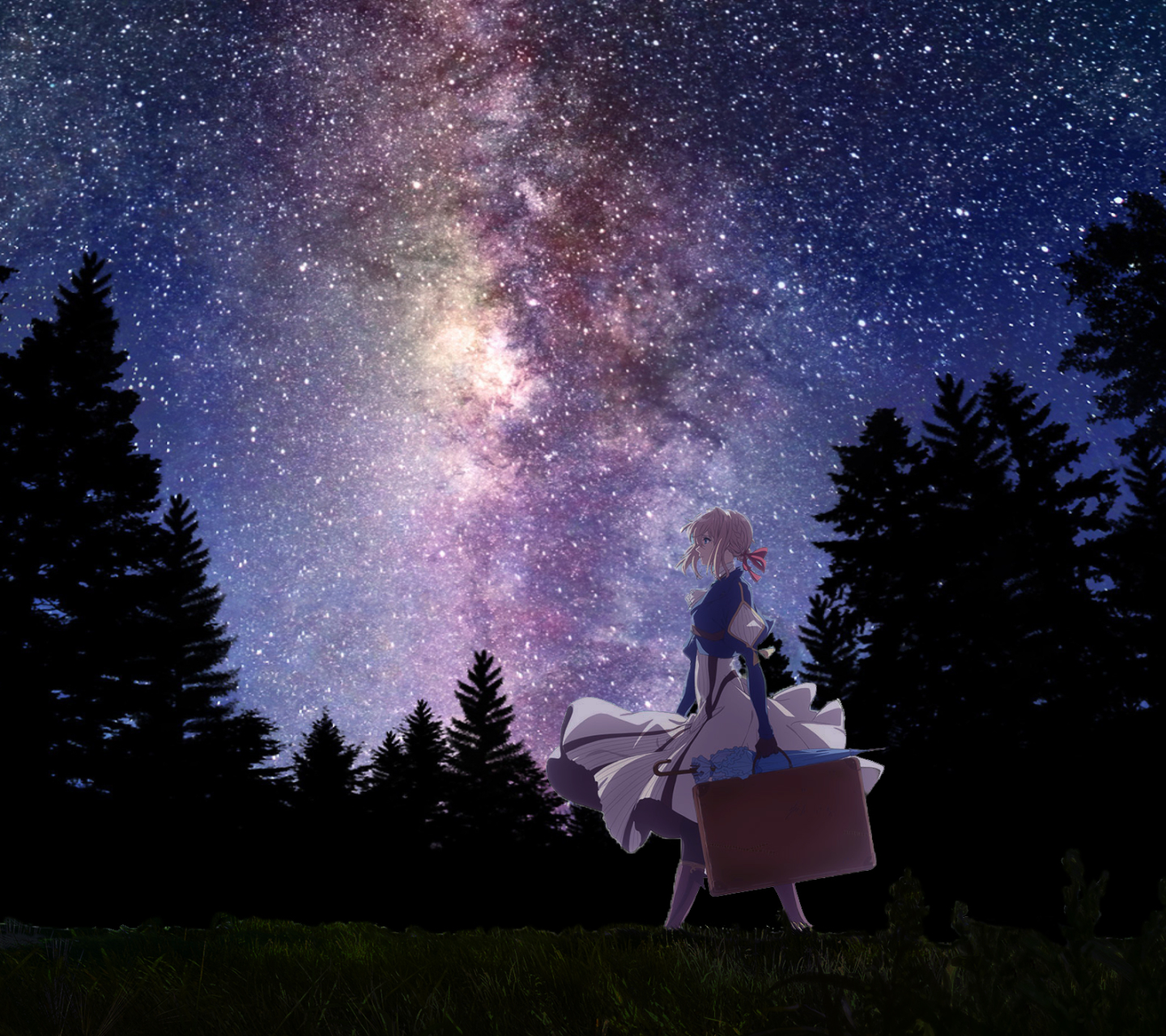 violet evergarden (anime), anime, violet evergarden, tree, suitcase, umbrella, blue eyes, blonde, violet evergarden (character), night, stars 4K Ultra