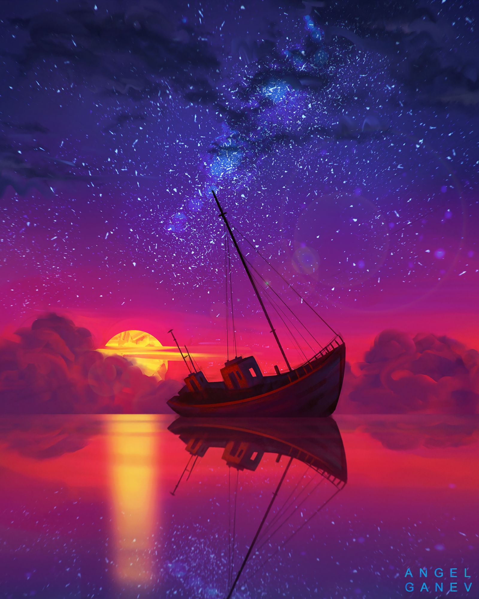 art, ship, sunset, horizon, full moon UHD