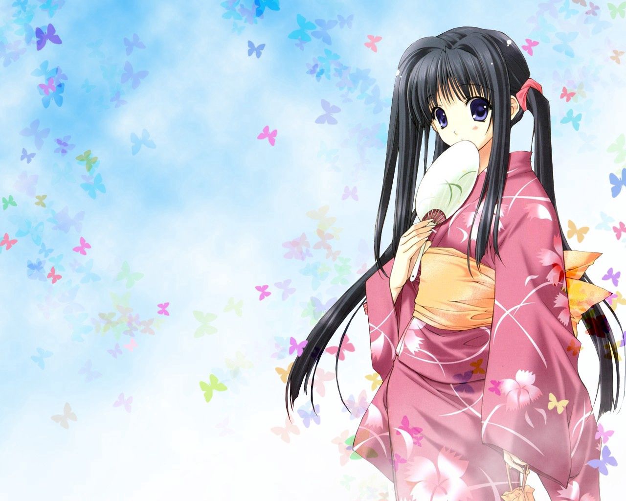 101785 Hintergrundbild herunterladen anime, mädchen, kimono, brünette, ventilator, fan - Bildschirmschoner und Bilder kostenlos
