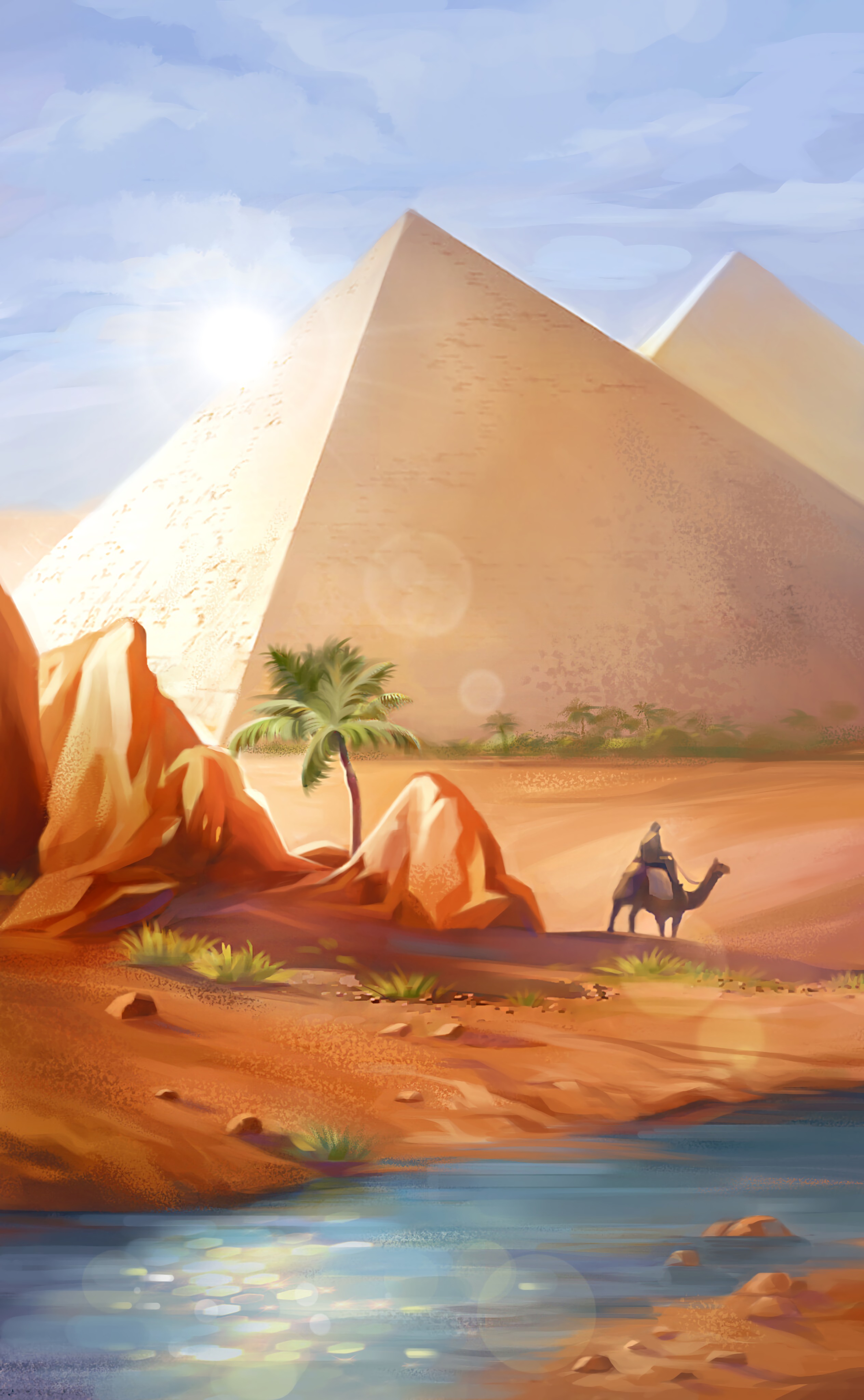 art, pyramids, desert, camel
