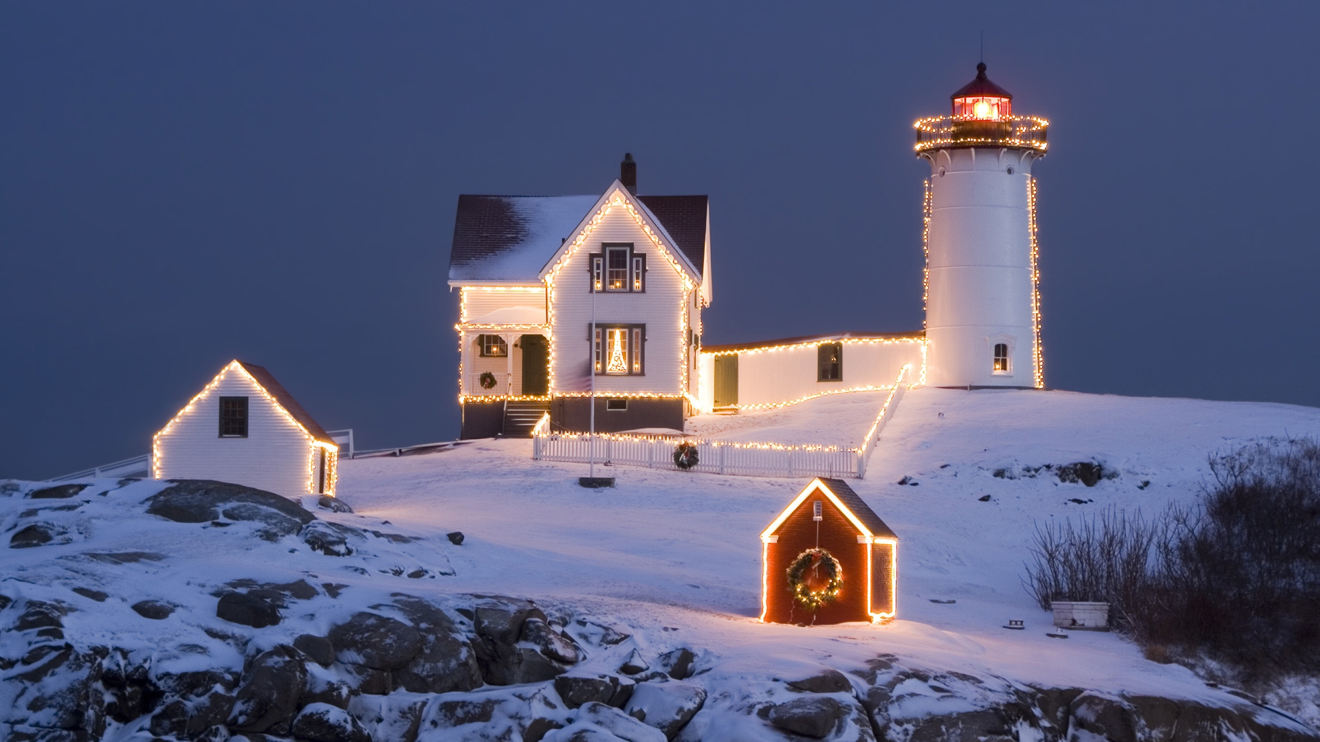 holiday, lighthouse, snow, winter, christmas, christmas lights