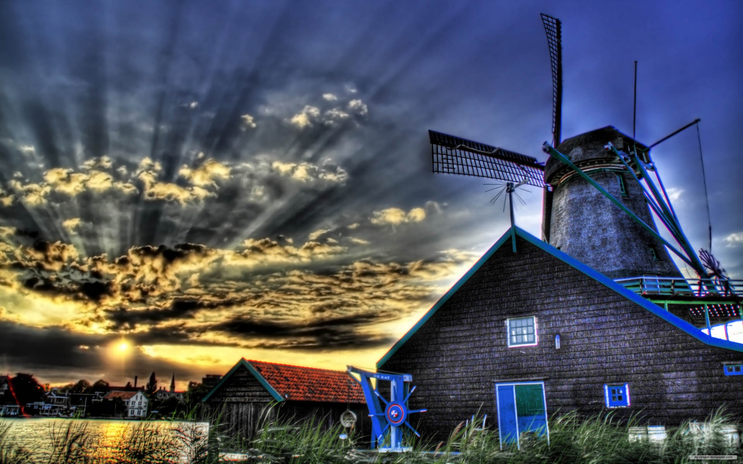 Download mobile wallpaper Windmill, Surreal, Hdr, Sunbeam, Photography, Sunset for free.