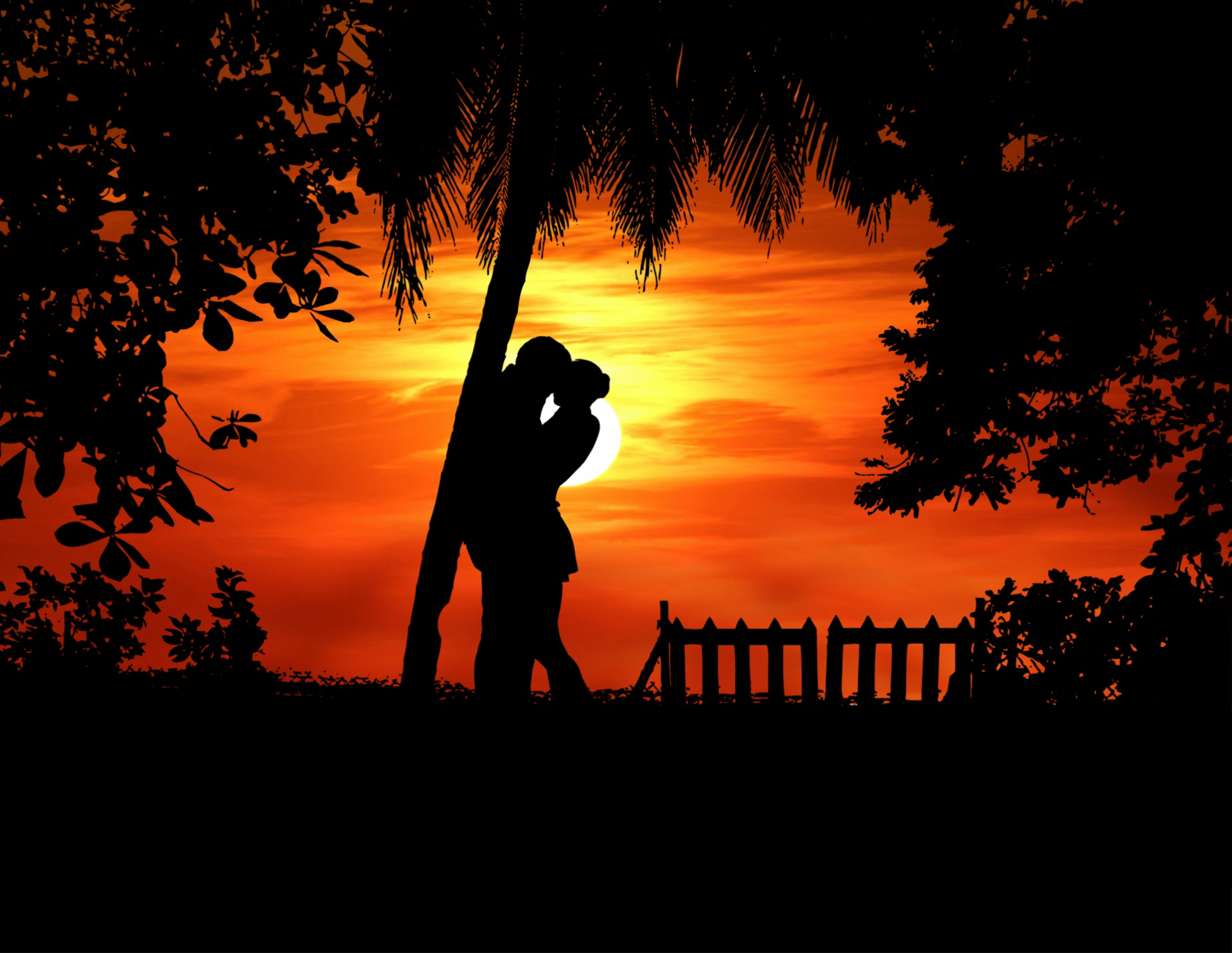 android romance, embrace, silhouettes, love, couple, tropics, pair
