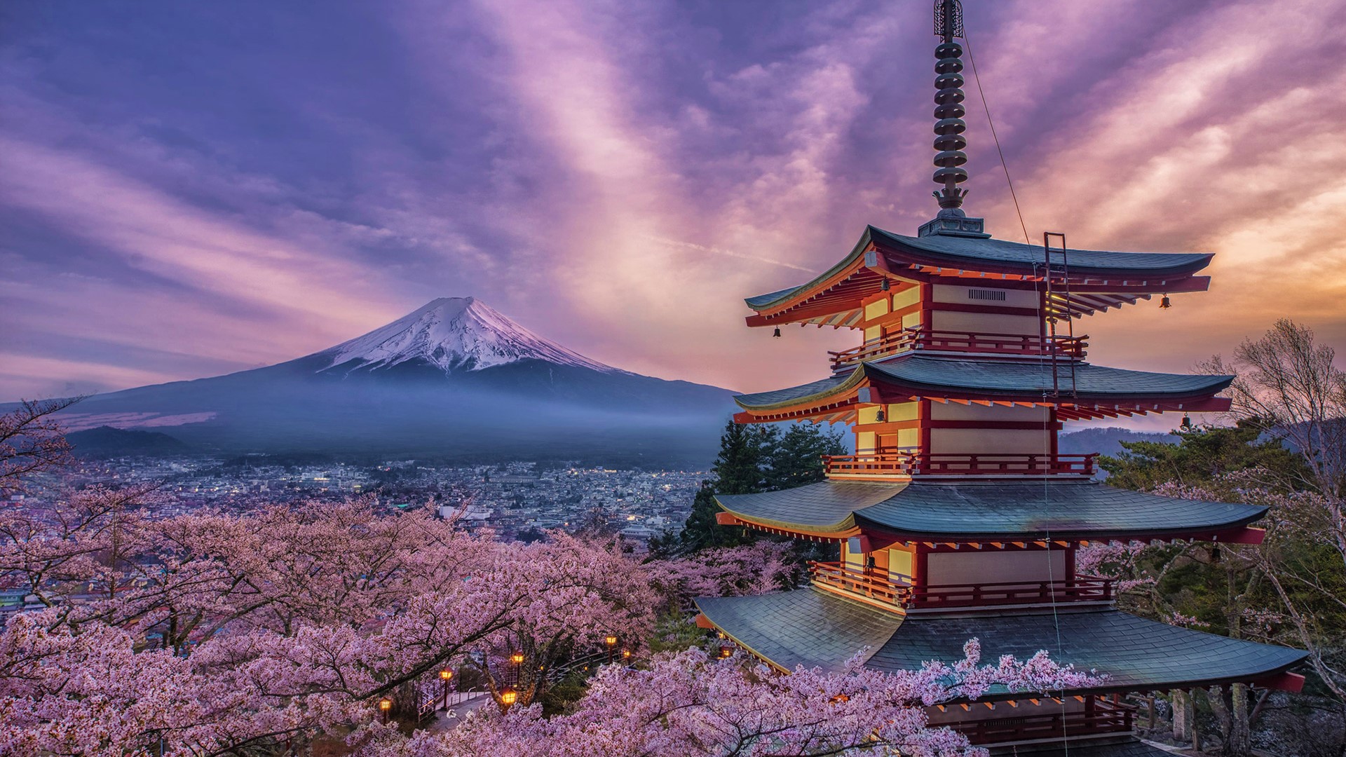 japan, spring, sakura, cherry blossom, mount fuji, religious, pagoda