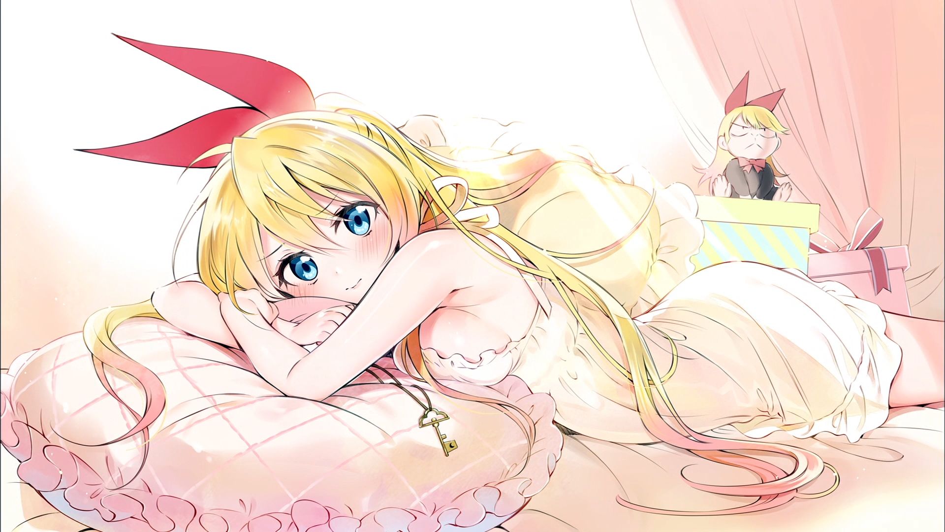 blush, anime, nisekoi, blonde, blue eyes, chitoge kirisaki, dress, long hair, lying down, pillow, white dress 1080p