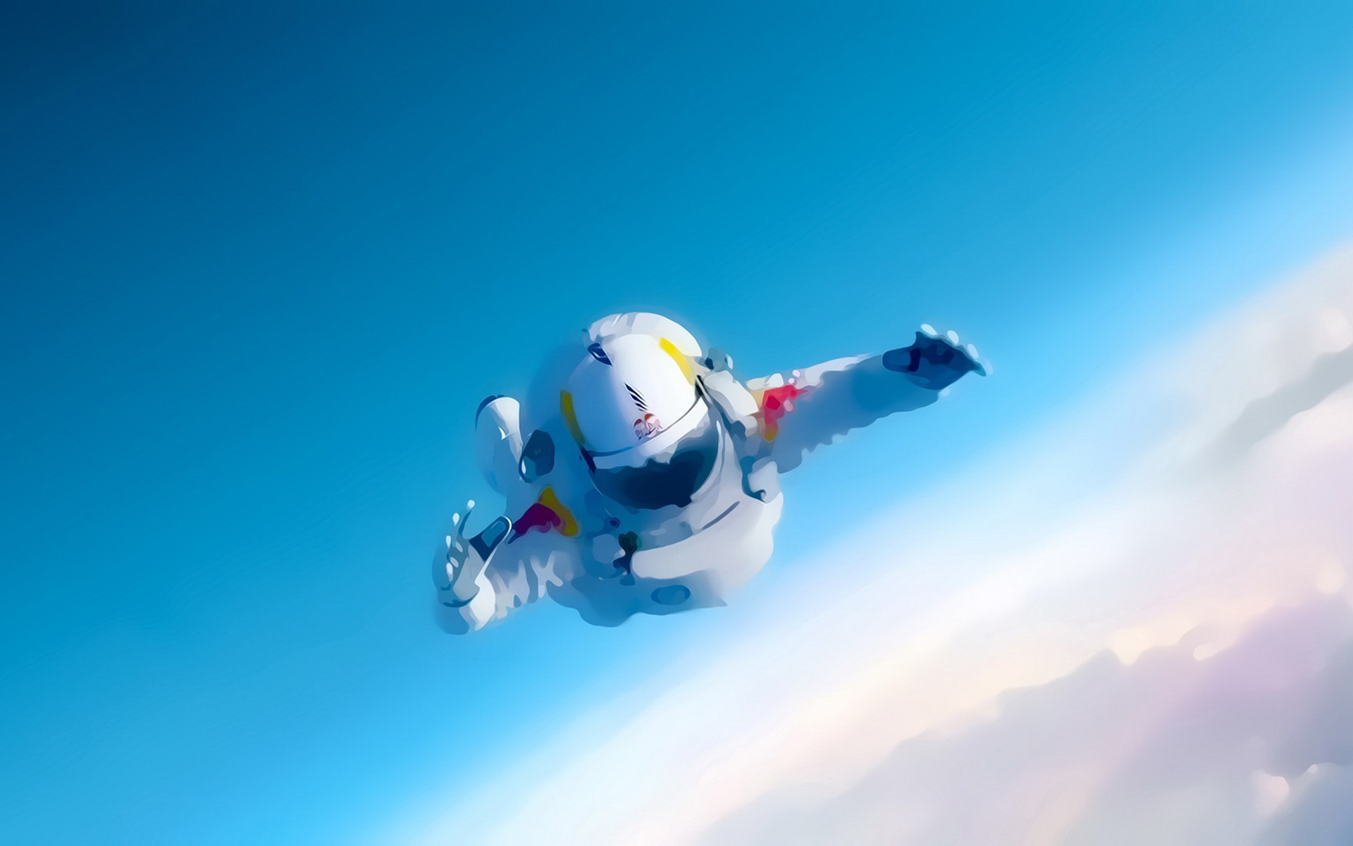 568684 скачать обои космонавт, художественные, редбуллс летают, красный бык, небо, прыжки с парашютом - заставки и картинки бесплатно